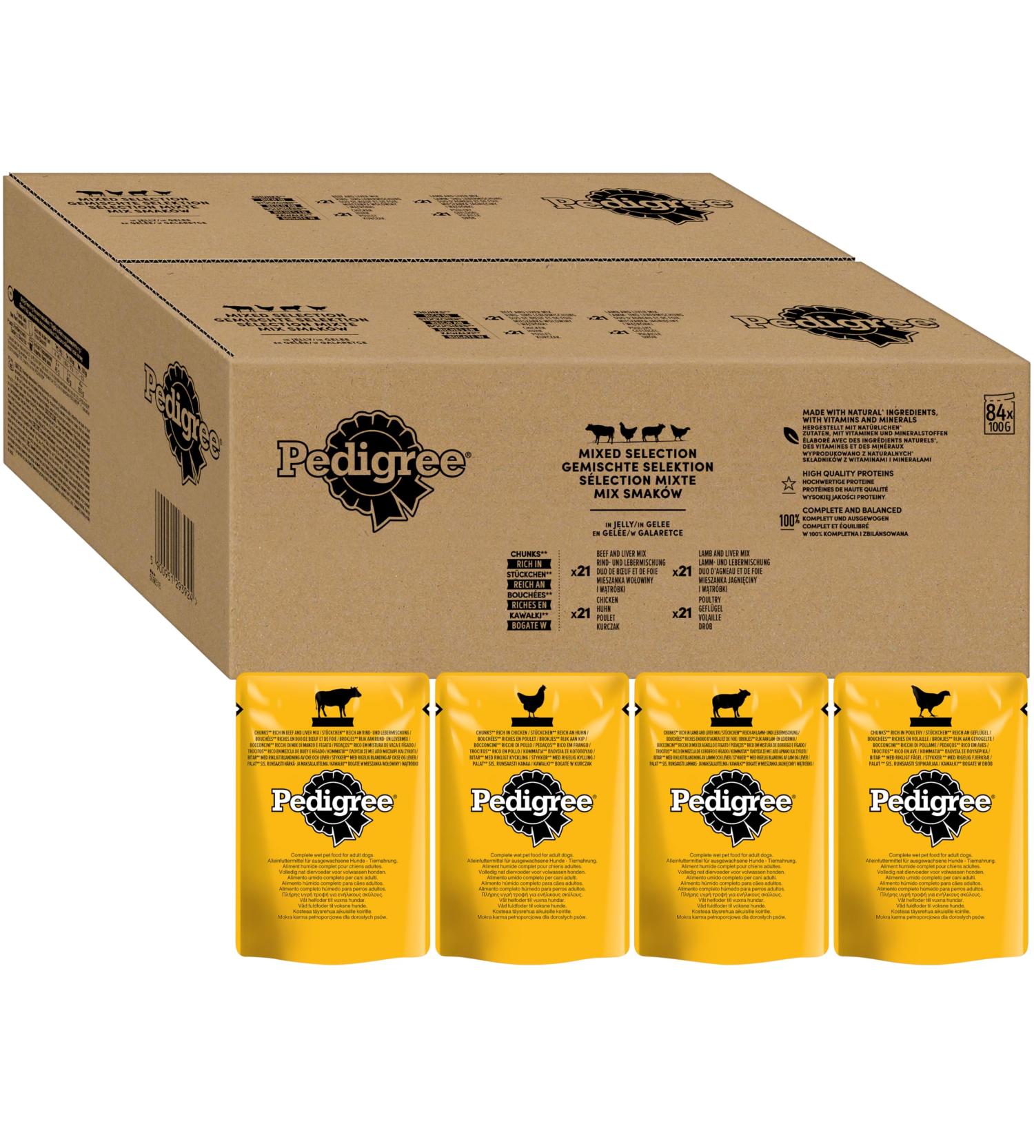 Pedigree Adult Dog Food Multipack in Jelly - 84 x 100g Portions 4 Varieties - Premium Water Feed for Adult Dogs - 8.4 kg - Buy Online on GoSupps.com