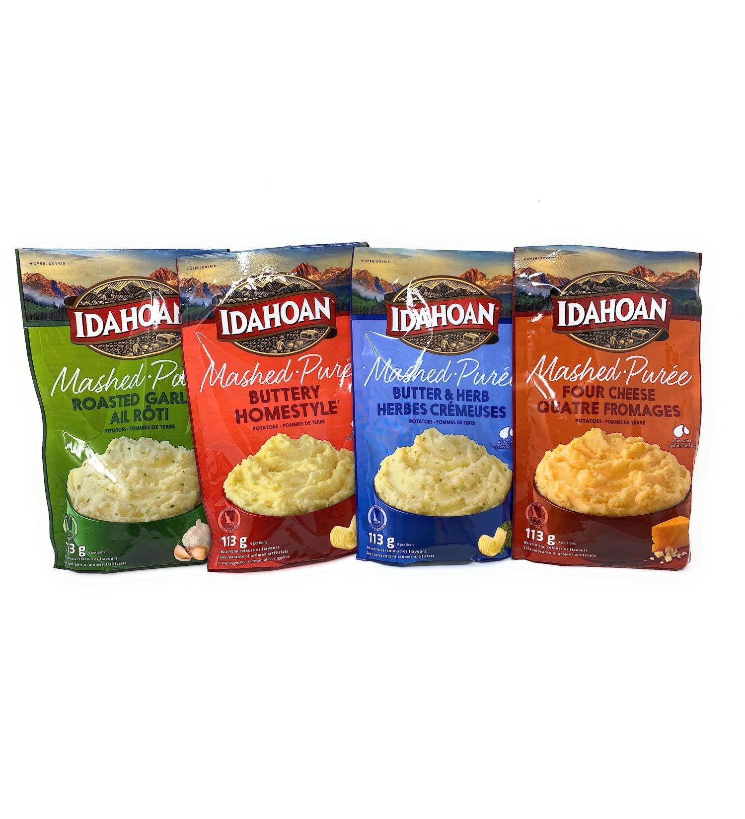 Idahoan Mashed Potatoes Bundle of 4 Variety Pack - Buttery Mashed Four Cheese Mashed Butter & Herb Mashed Roasted Garlic Mashed - Buy Online on GoSupps.com