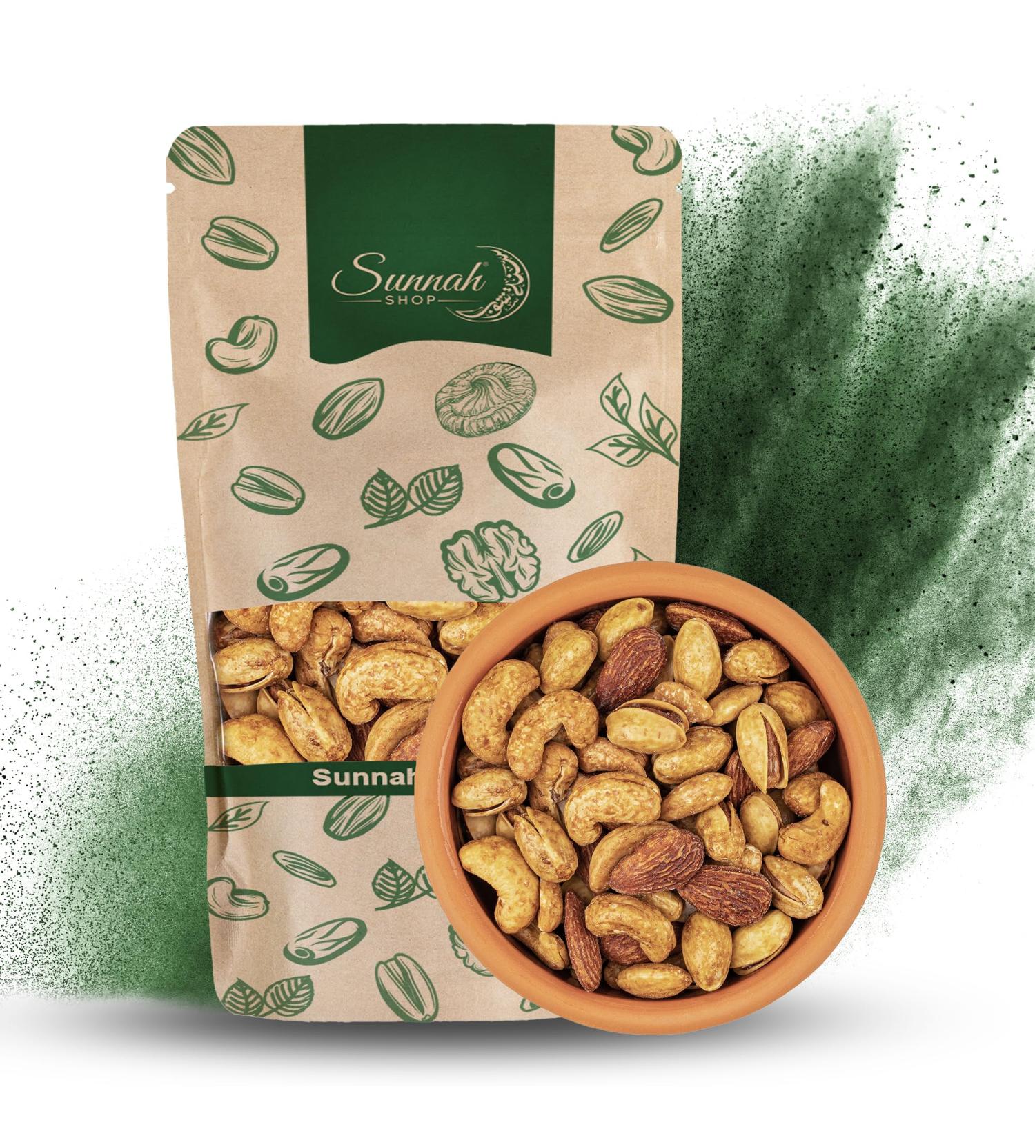 Sunnah Shop Smoked Nut Mix - Vegan Cashews Almonds & Pistachios | 500g Salty Snack with Intense Smoke Aroma | Healthy Student Feed Protein - Buy Online on GoSupps.com