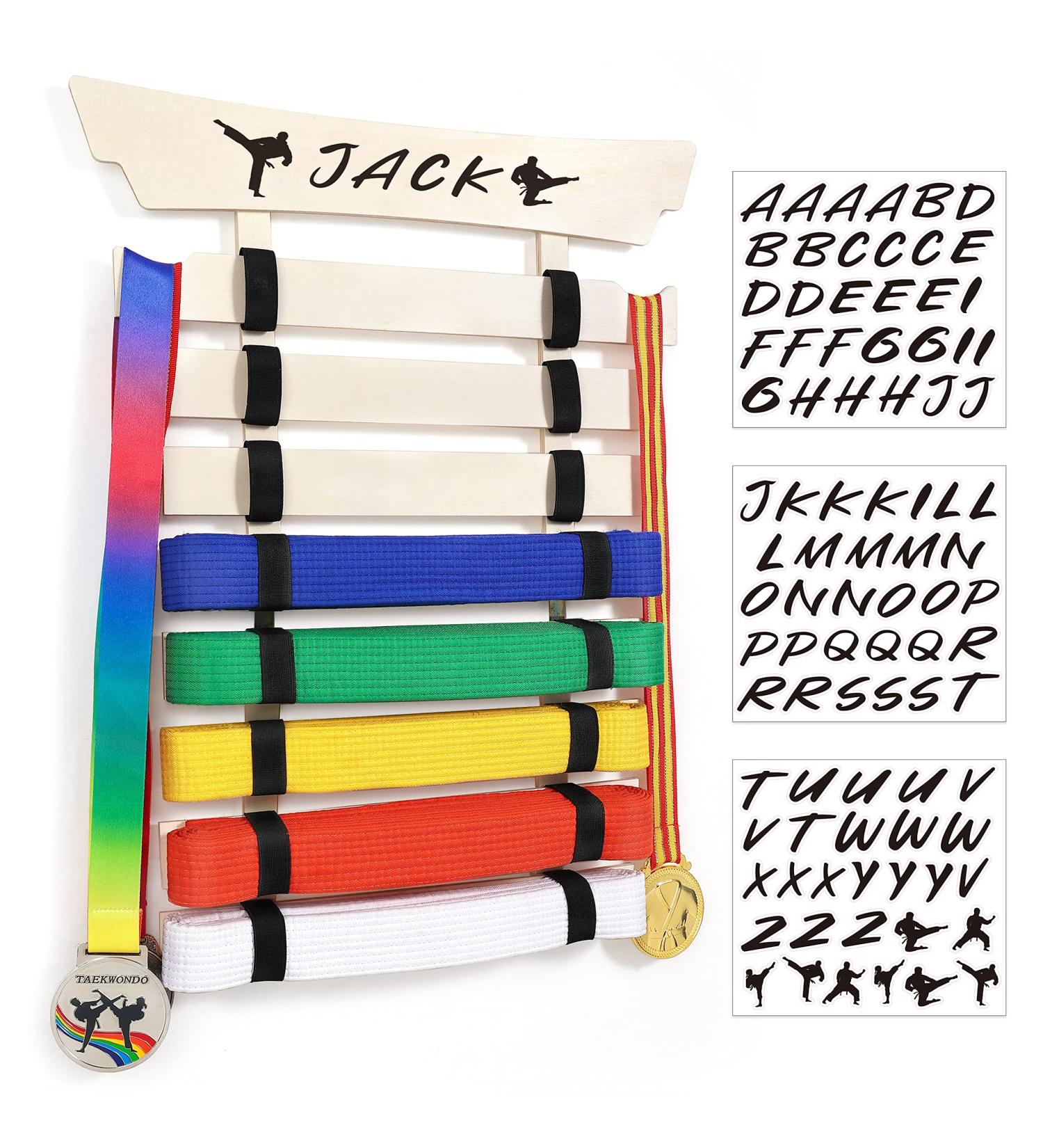 Winartton Karate Belt Display Rack - 8 Belts with Medal Hanger and Stickers | Wood Martial Arts Display for Jiu Jitsu and BJJ Belts - Buy Online on GoSupps.com