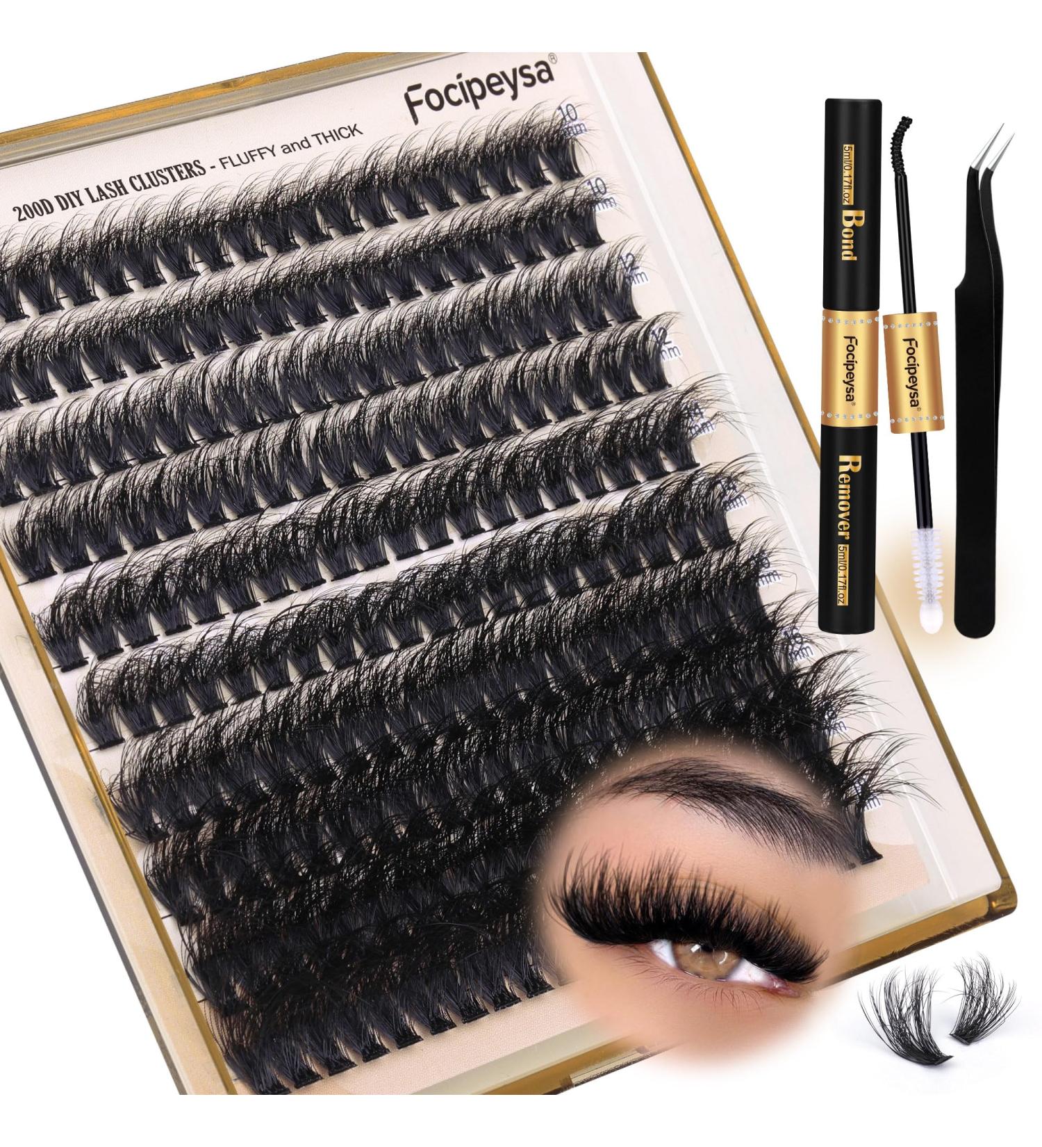 Focipeysa Lash Extension Kit | 200D Individual Eyelashes DIY Fluffy Clusters 10-18mm Complete Eyelash Extension Set with Bond & Remover - Buy Online on GoSupps.com