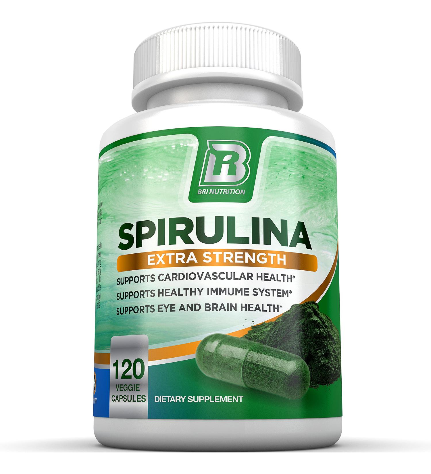 BRI Spirulina 2000mg Maximum Strength Premium Quality Spirulina Superfood Powder  Packed w Antioxidants  Protein and Vitamins in Easy to Swallow Vegetable Cellulose Capsules (120 Count) 120 Count (Pack of 1) - Buy Online on GoSupps.com