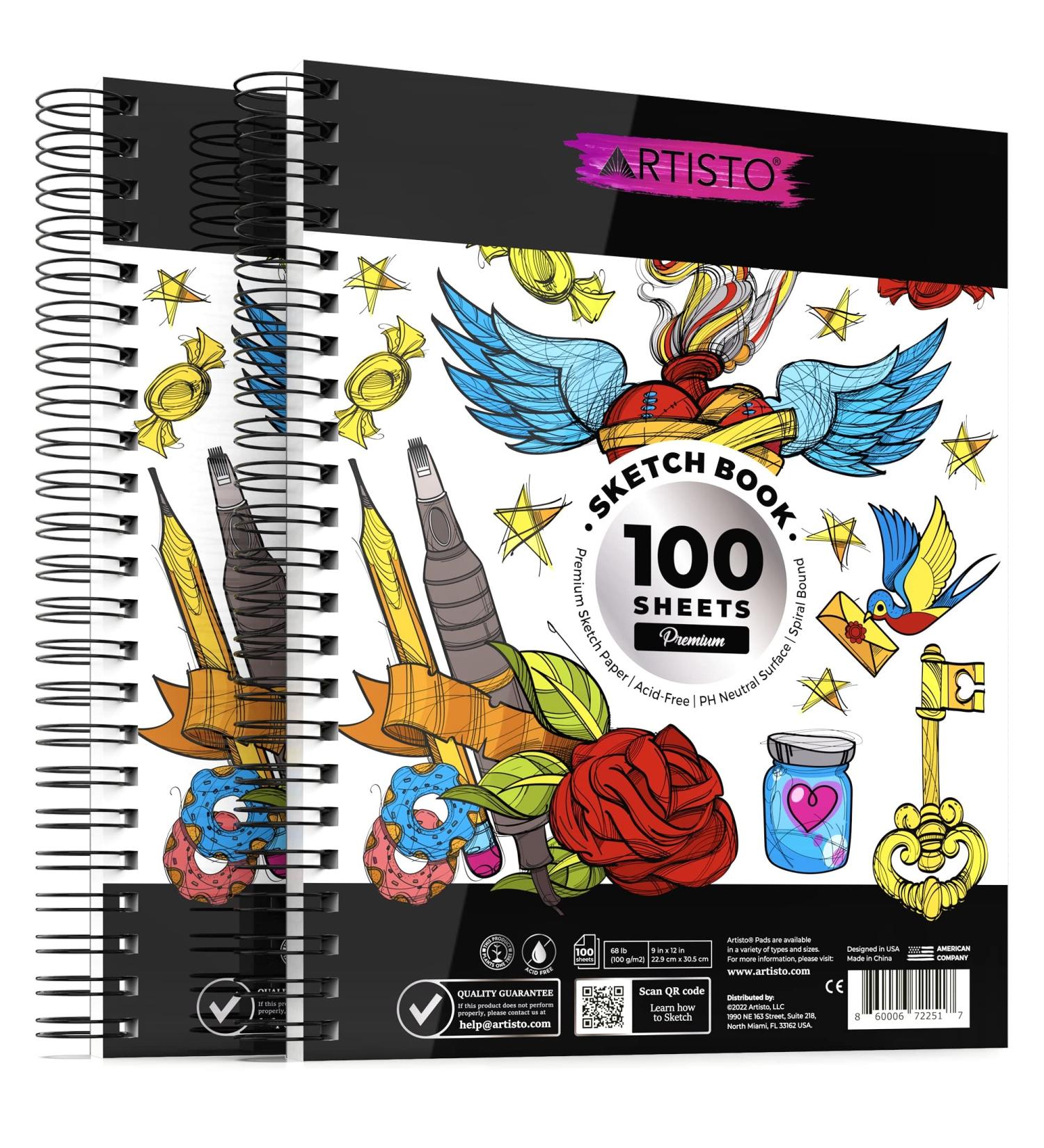 Artisto 9x12 Premium Sketch Book Set - Pack of 2, 200 Sheets - Acid-Free Drawing Paper, Spiral Bound - Ideal for Kids, Teens, and Adults - Buy Online on GoSupps.com