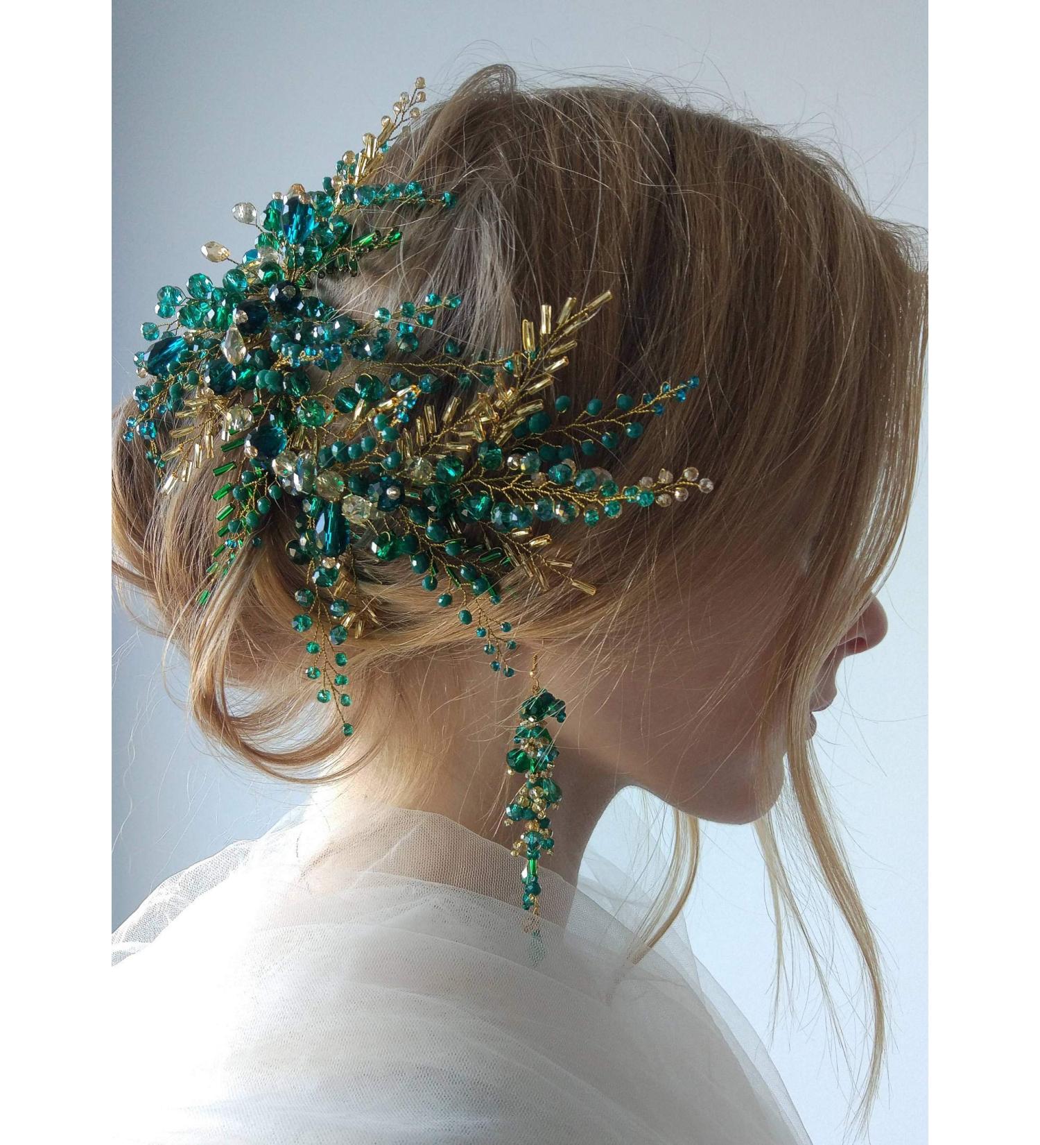 Kercisbeauty Green Beads Headpiece with Earrings Gold Headband for Brides Side Headband Hair Accessories Vintage Wedding Jewelry Handmade - Buy Online on GoSupps.com