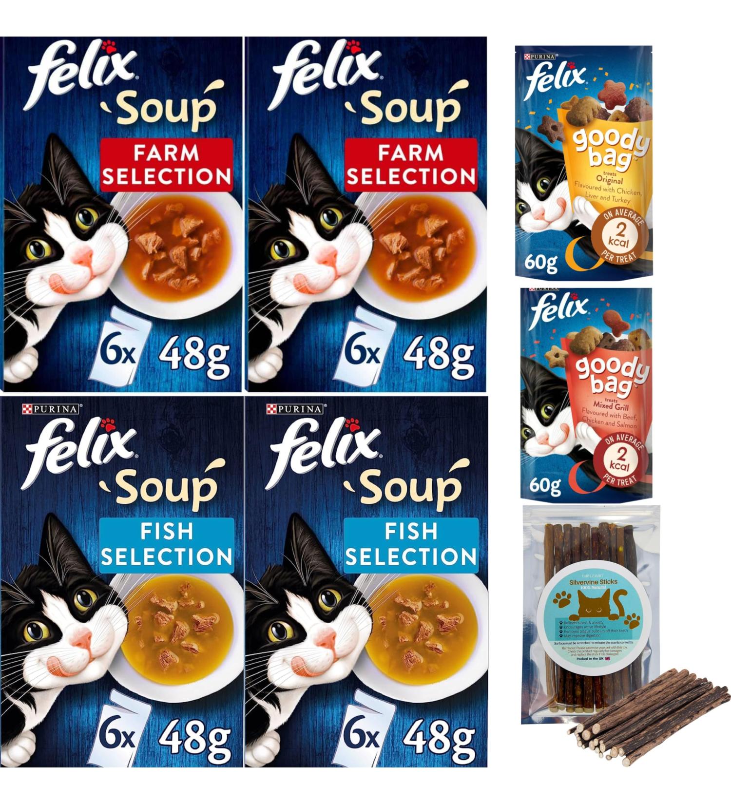 Felix Soup Cat Food Bundle Containing Farm and Fish Selection 48g x24 | Cat Treats 60g x2 | Silvervine Sticks - Buy Online on GoSupps.com