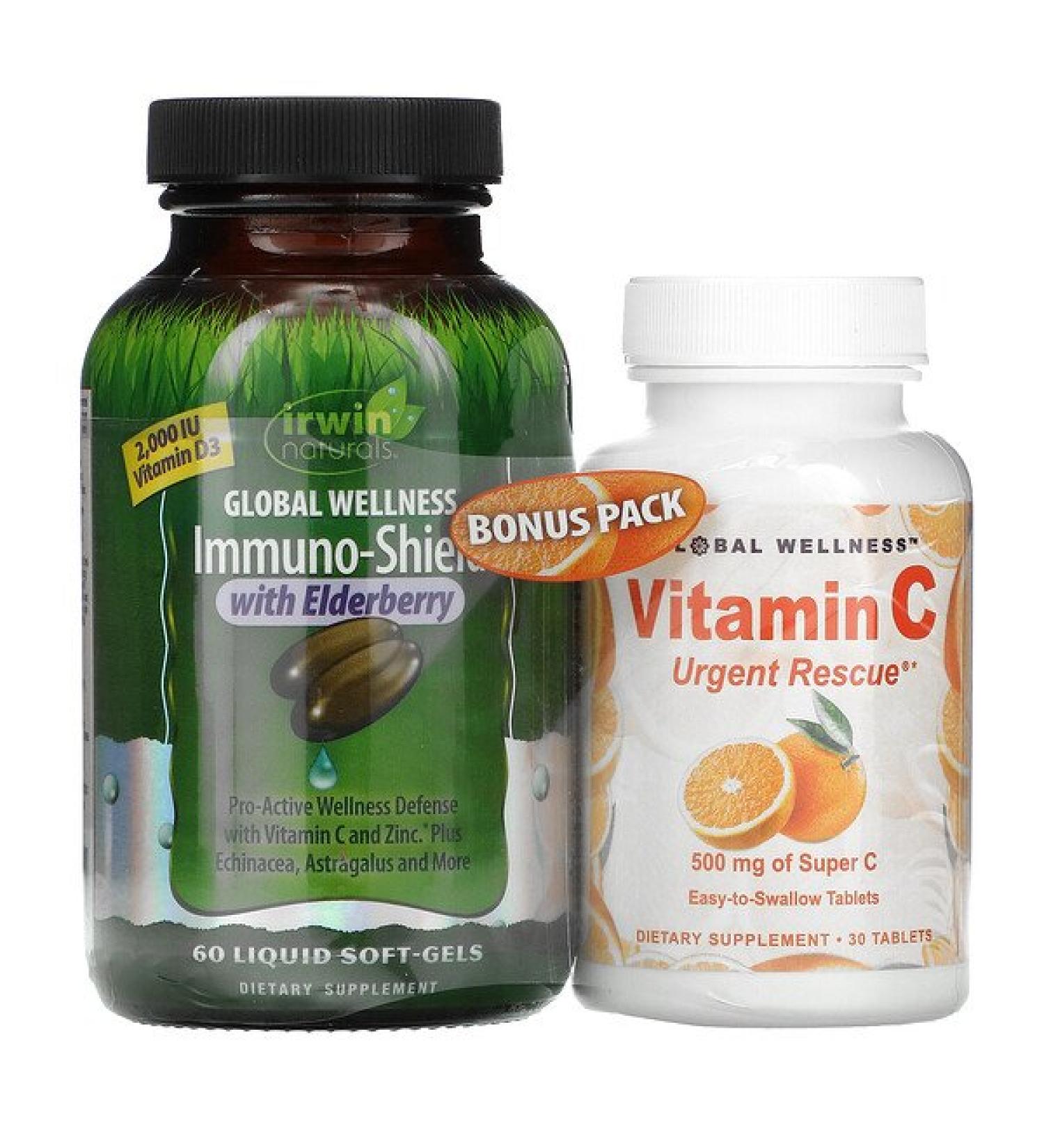 Irwin Naturals Immuno-Shield with Elderberry 60 Liquid Soft-Gels + Vitamin C 500 mg 30 Capsules