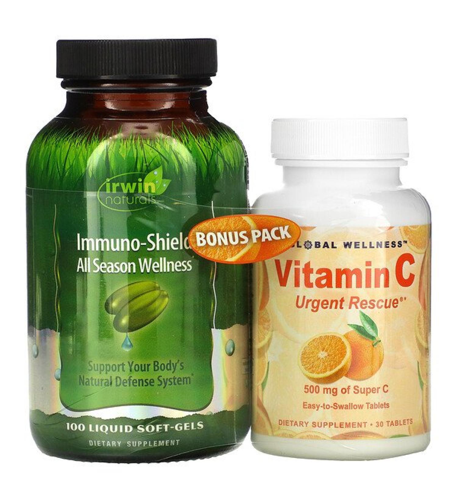 Irwin Naturals Immuno-Shield All Season Wellness 100 Liquid Soft-Gels + Vitamin C 500 mg 30 Capsules