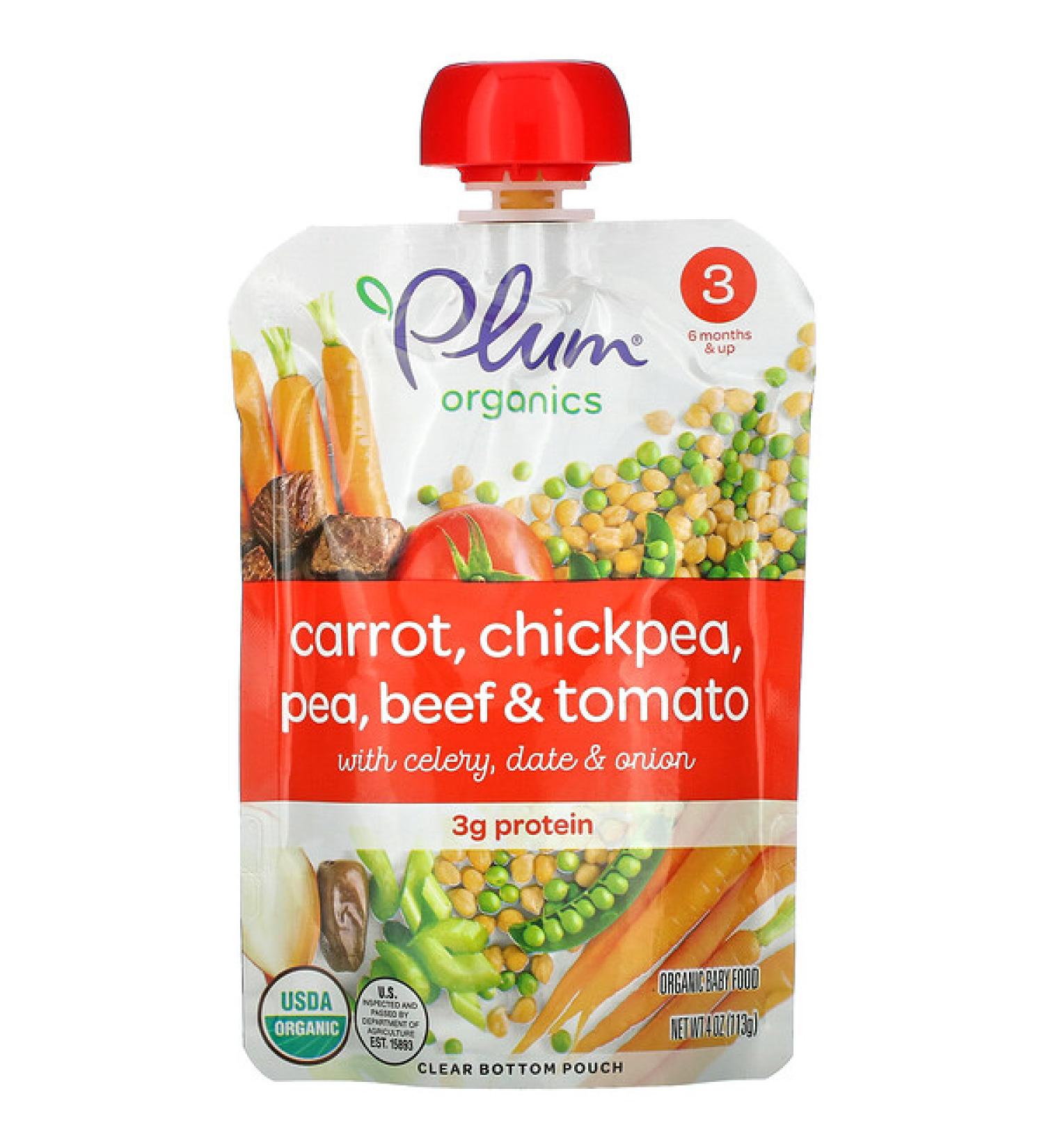 Plum Organics Organic Baby Food Stage 3 Carrot Chickpea Pea Beef & Tomato with Celery Date & Onion 4 oz (113 g)