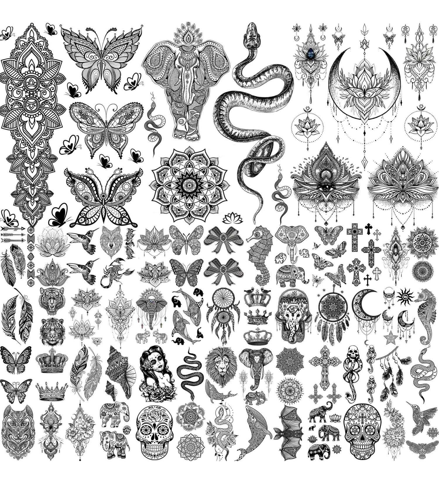 Shegazzi 58 Sheets Black Lace Temporary Tattoos for Women - Large Lotus Mandala Flower Snake Elephant Butterfly Fake Tattoos Kit - Indian Tribal Skull Tattoos Adults - Arm Sleeve Neck Wedding - Buy Online on GoSupps.com