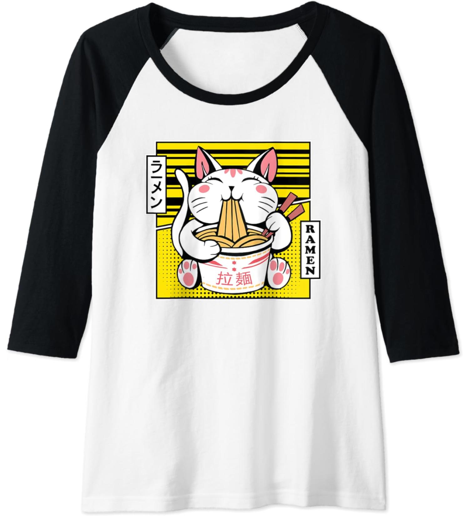 Womens Kawaii Cat Neko Eating Ramen Noodle Soup Japanese Aesthetic Raglan Baseball Tee