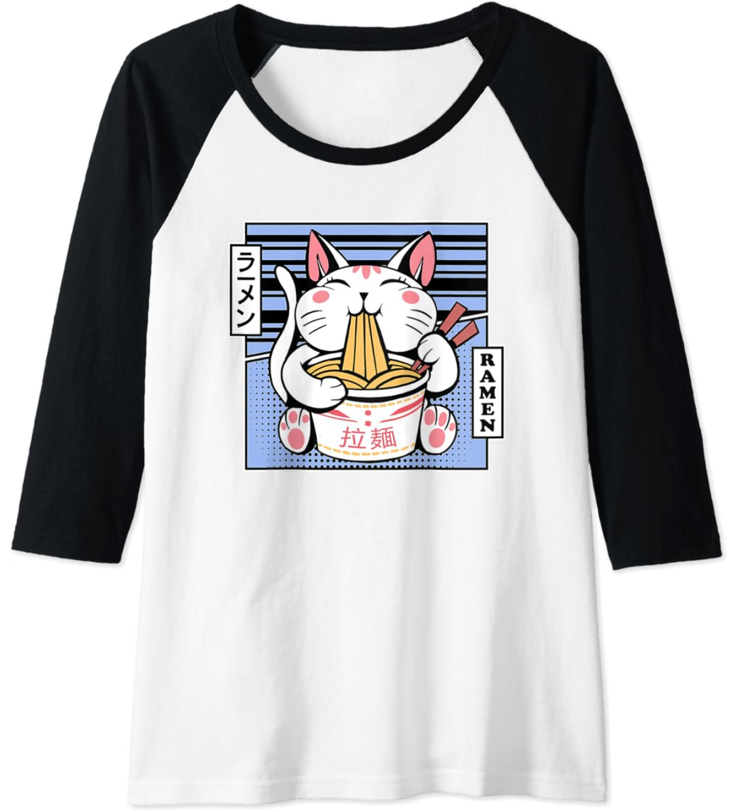 Womens Kawaii Cat Neko Eating Ramen Noodle Soup Japanese Aesthetic Raglan Baseball Tee