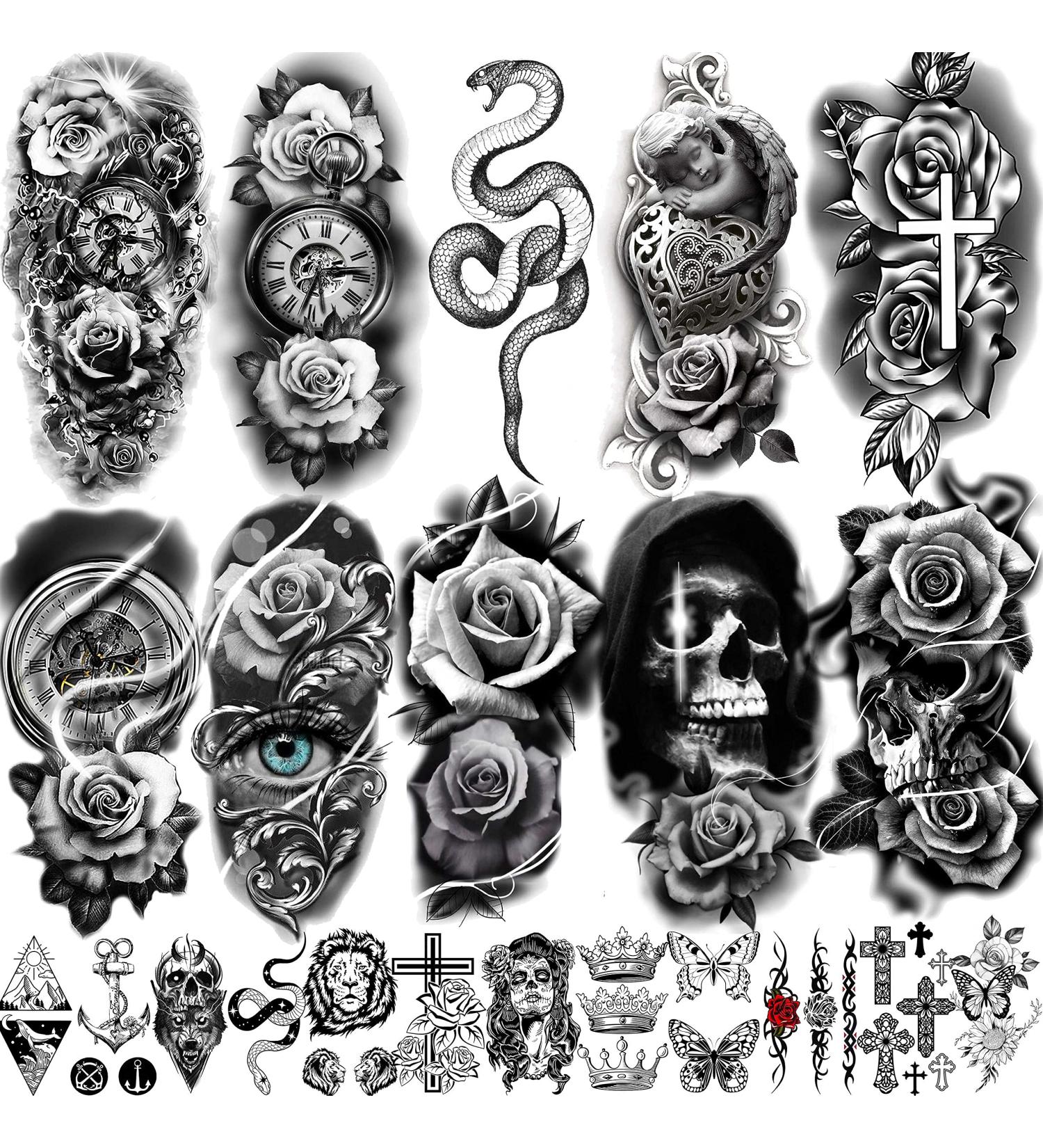 VANTATY 22 Sexy Rose Flower Temporary Tattoos for Women - Large Black 3D Realistic Floral Design - Waterproof Halloween Fake Tattoo Stickers - Arm Forearm Girls Skeleton Snake Compass Tatoos - Buy Online on GoSupps.com