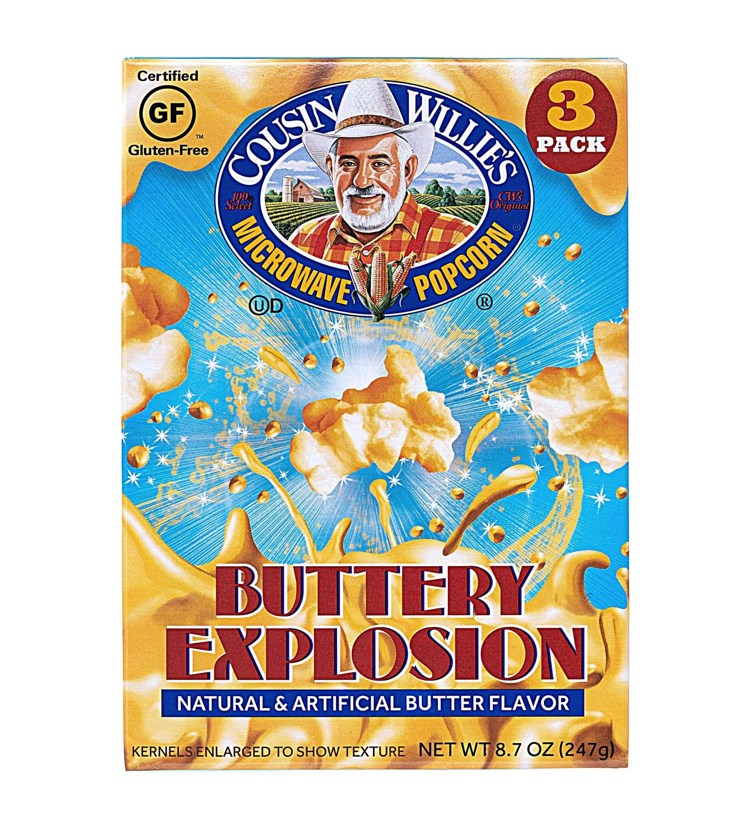 Cousin Willie's Buttery Explosion Microwave Popcorn Bags (4 Boxes, 12 Bags) - Gourmet Snack, Whole Grain, Gluten Free, Low Calorie - Made in USA, Non-GMO - Buy Online on GoSupps.com