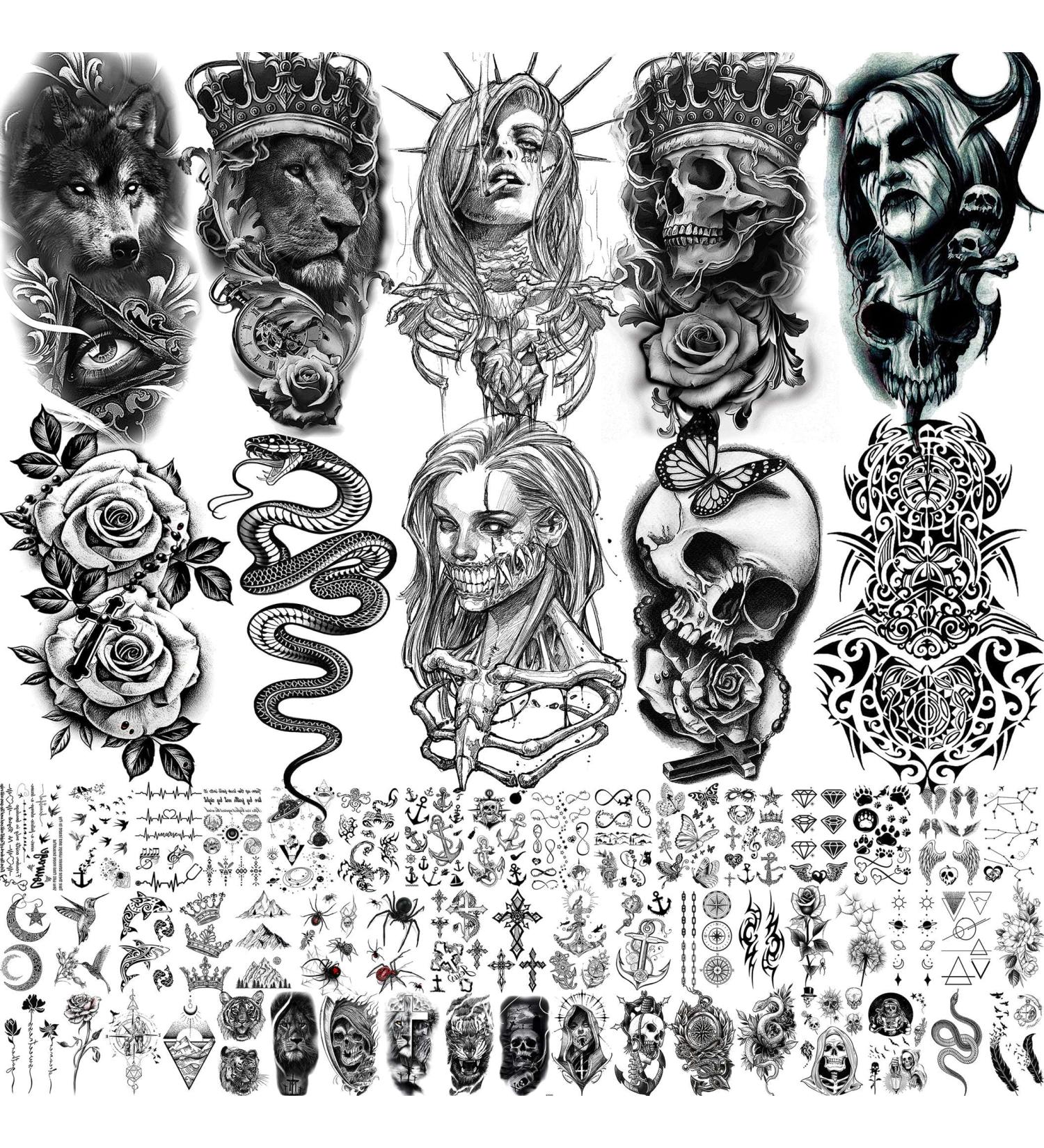 Realistic 3D Temporary Tattoos - Wolf Lion Skeleton Design - Halloween Scary Skull Vampire Snake Flower Compass - 62 Sheets for Adults and Kids - Arm & Neck Tattoo Stickers - Buy Online on GoSupps.com