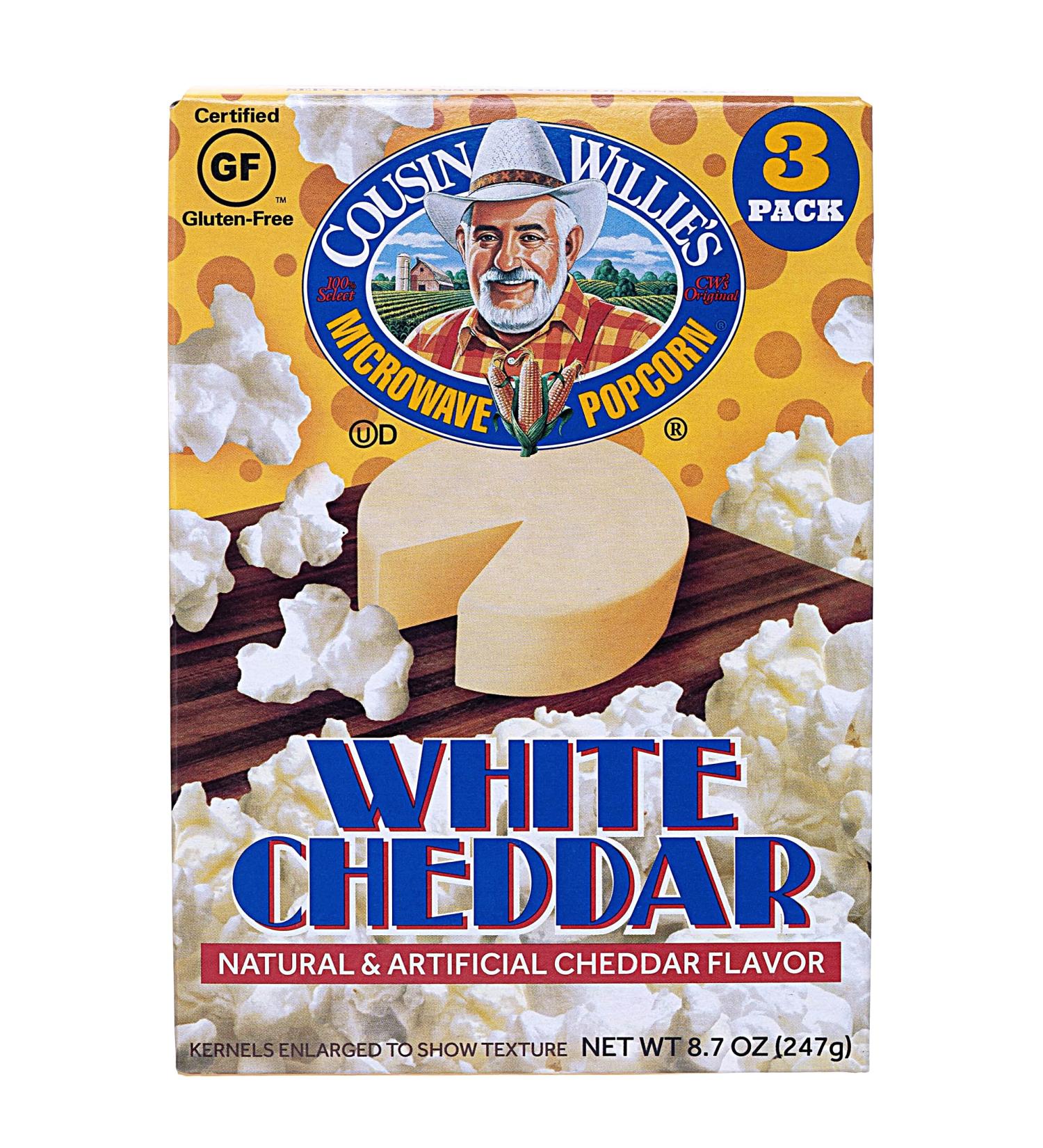Cousin Willie's White Cheddar Microwave Popcorn Bags (4 Boxes, 12 Bags) - Gourmet Party Snack, Whole Grain, Gluten Free, Low Calorie, Made in USA - Non-GMO Cheddar Cheese Flavor - Buy Online on GoSupps.com