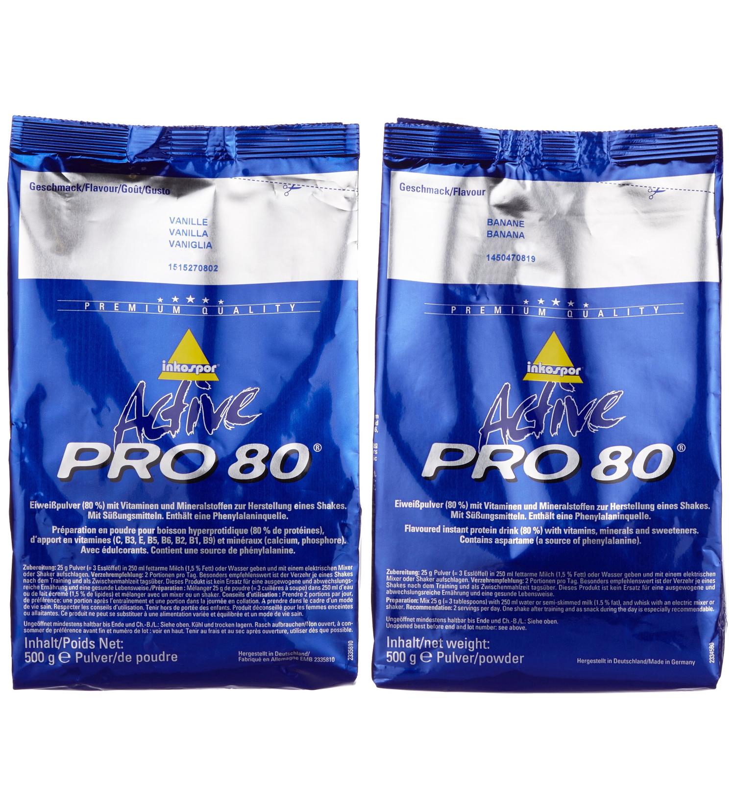 Inkospor Active Proteinshake Pro 80 Bags - 2-Pack (2 x 500g) Vanilla/Banana & 1-Pack (1 x 1kg) | International Shipping Available - Buy Online on GoSupps.com
