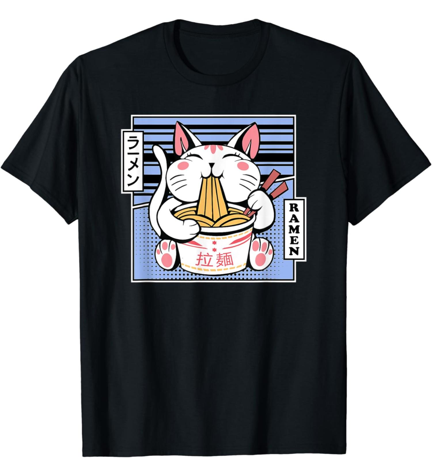 Kawaii Cat Neko Eating Ramen Noodle Soup Japanese Aesthetic T-Shirt