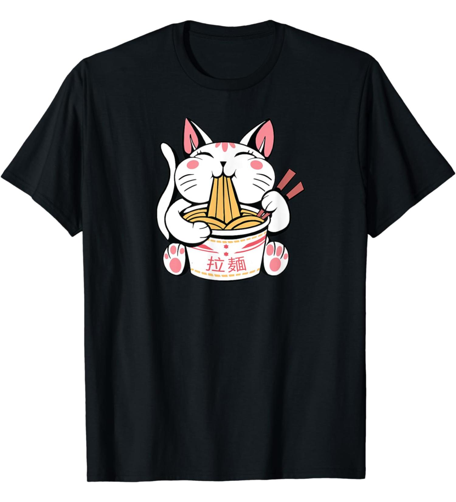 Kawaii Cat Neko Eating Ramen Noodle Soup Japanese Aesthetic T-Shirt