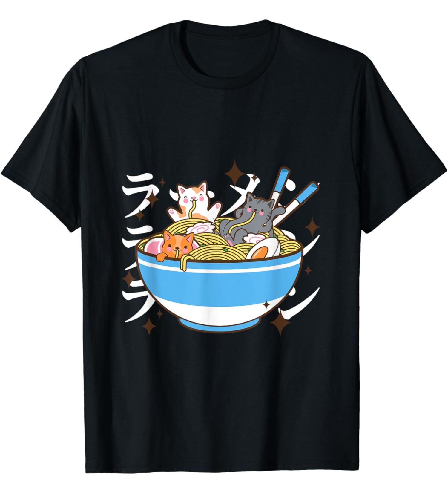 Cute Kawaii Cat Eating Ramen Noodles Japanese Food Lover T-Shirt