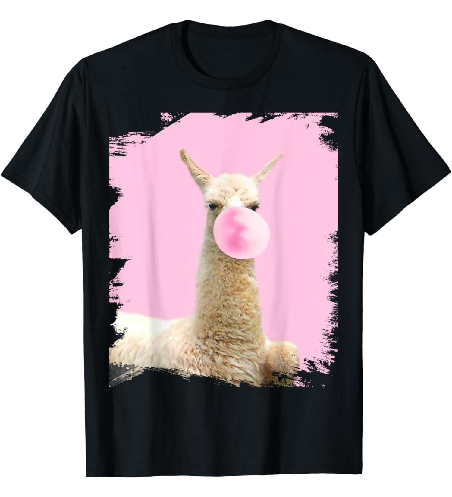 Cute Llama Chewing Pink Bubble Gum T-Shirt