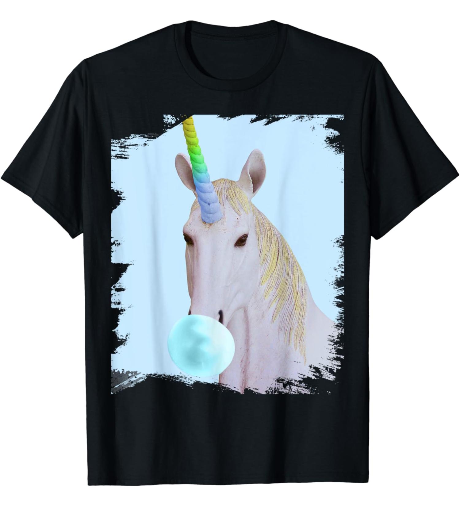 Cute rainbow unicorn that chews blue chewing gum T-Shirt