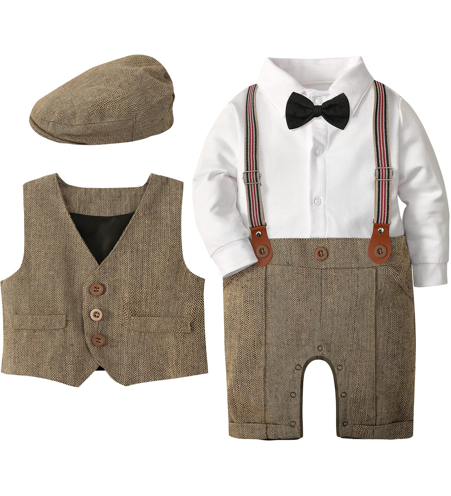 Mint Green Baby Boy Romper Suit | Infant Gentleman Jumpsuit with Bow Tie Waistcoat | 6-9 Months | Brown - Buy Online on GoSupps.com