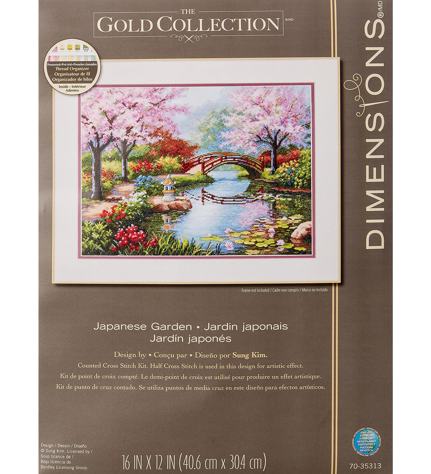 Dimensions Gold Collection Japanese Flower Garden Cross Stitch Kit - 16 Count Light Blue Aida - 12 x 16 - Buy Online on GoSupps.com