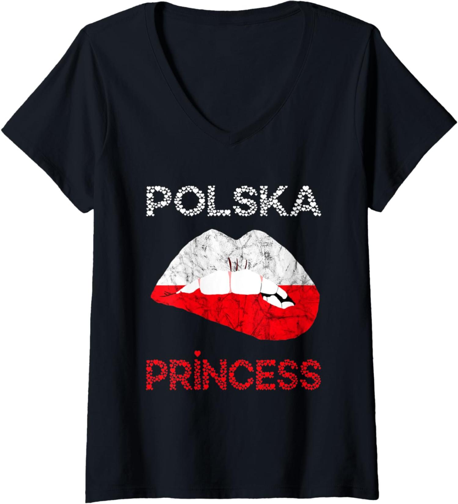 Womens Polska Princess Poland Lips Mouth Polish Pride Kissing V-Neck T-Shirt