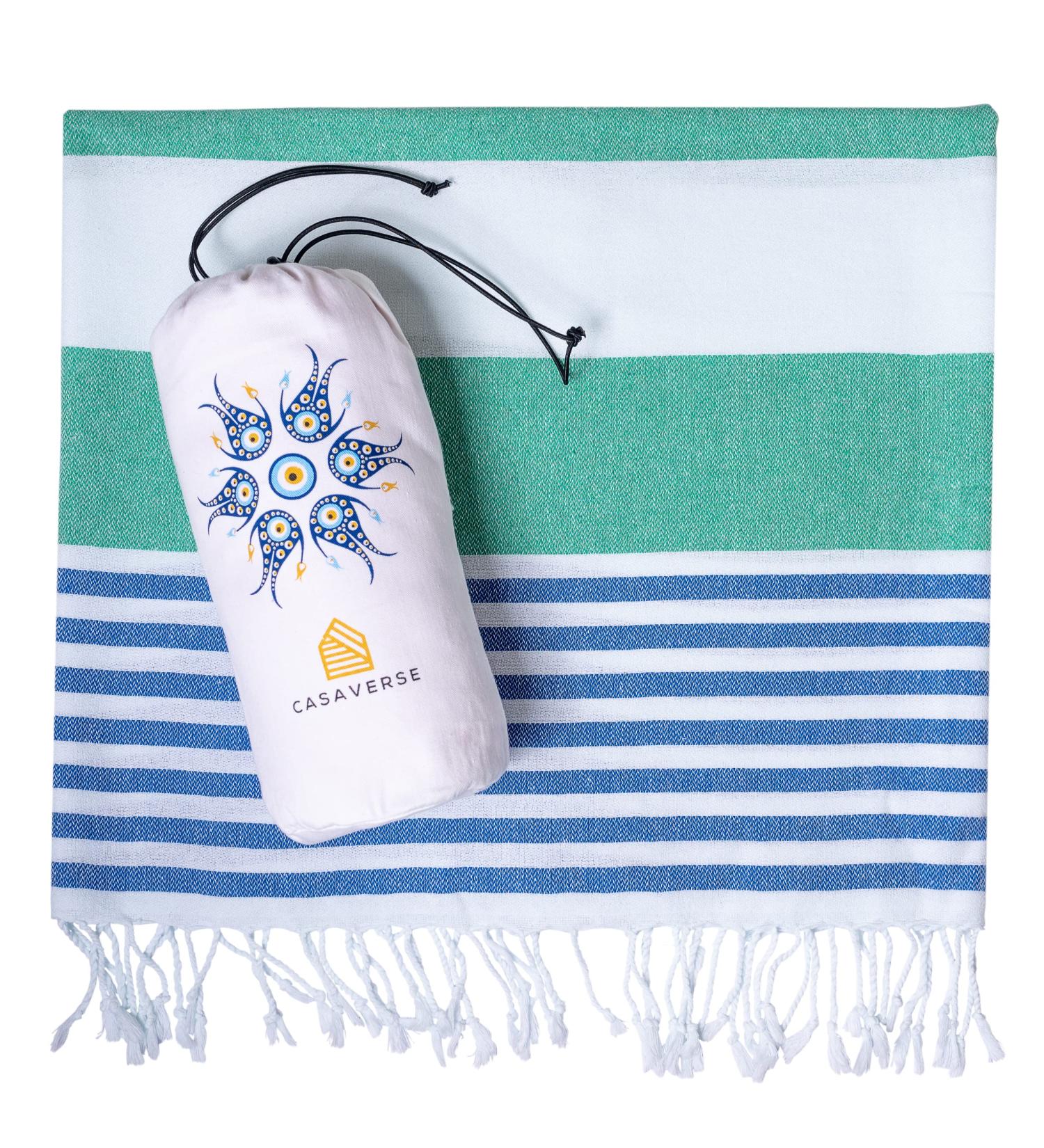 CASAVERSE Turkish Beach Towel | 100% Cotton Quick Dry Sand Free | Travel Towel Green & Blue - Buy Online on GoSupps.com