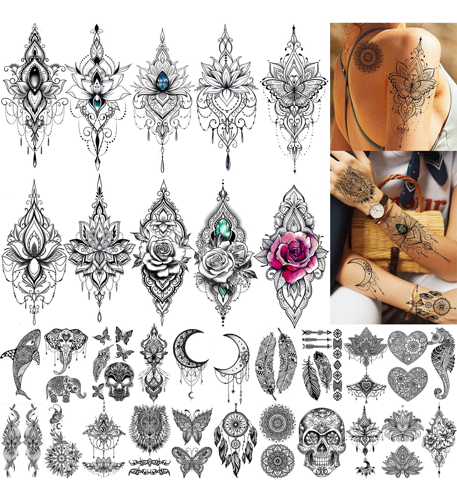 32 Sheets Sexy Black Lotus Temporary Tattoos for Women - Indian Tribal Lace Tatoo Sticker Set with Mandala Flower, Butterfly, Rose, Dreamcatcher, Elephant - Henna Tattoo Kit for Adults - Buy Online on GoSupps.com