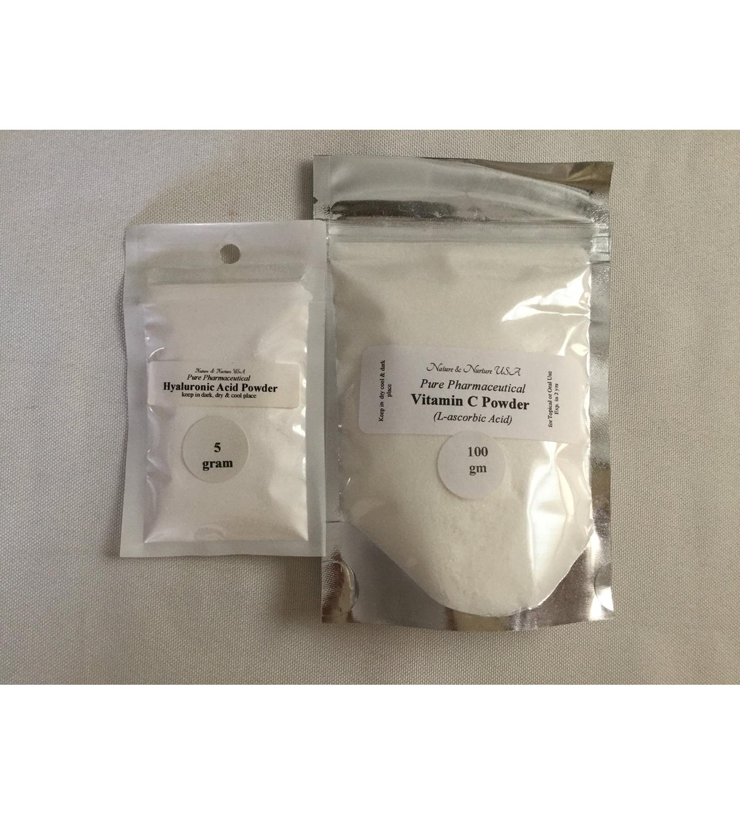 (DPK) HYALURONIC ACID POWDER(5gm) and VITAMIN C POWDER(100gm) PURE. Protects skin from oxidative damages Improves skin elasticity Avoid age spots..