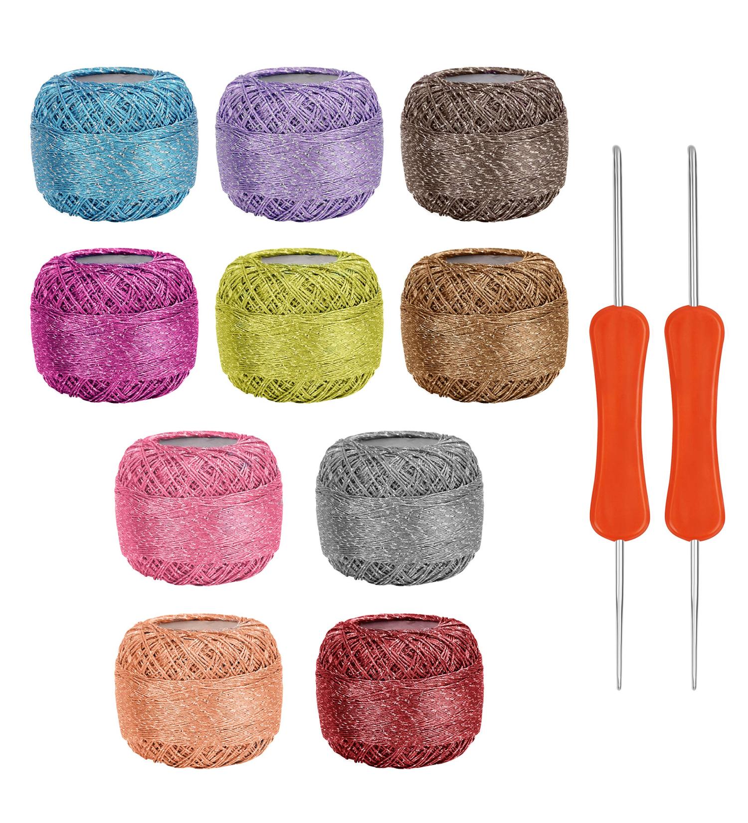 Kurtzy Colourful Glitter Crochet Yarn Set - 10 Balls with Hooks - 950/1040 Yards of Sparkly Acrylic Yarn - Buy Online on GoSupps.com
