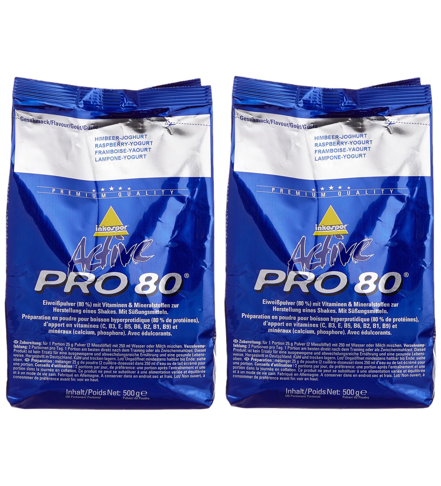 Inkospor Active Proteinshake Pro 80 Bags Double Pack (2 x 500g) Raspberry Yoghurt - High-Protein Nutrition for Fitness | International Shipping Available - Buy Online on GoSupps.com