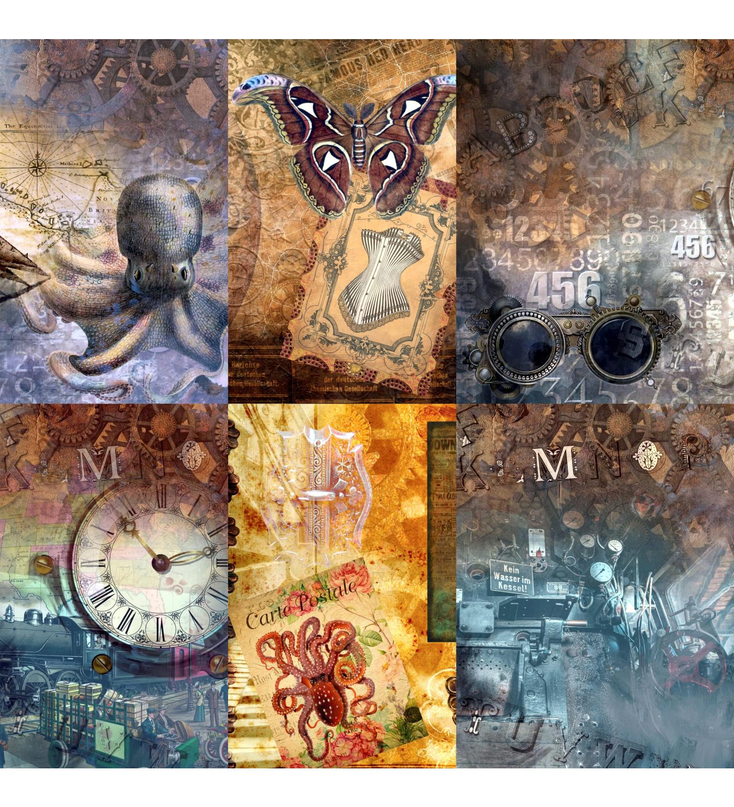 Steampunk Mulberry Rice Paper 8x10.5 inch - 6 Unique Images, 30gsm Fibrous Paper for Decoupage & Mixed Media Crafts - Buy Online on GoSupps.com