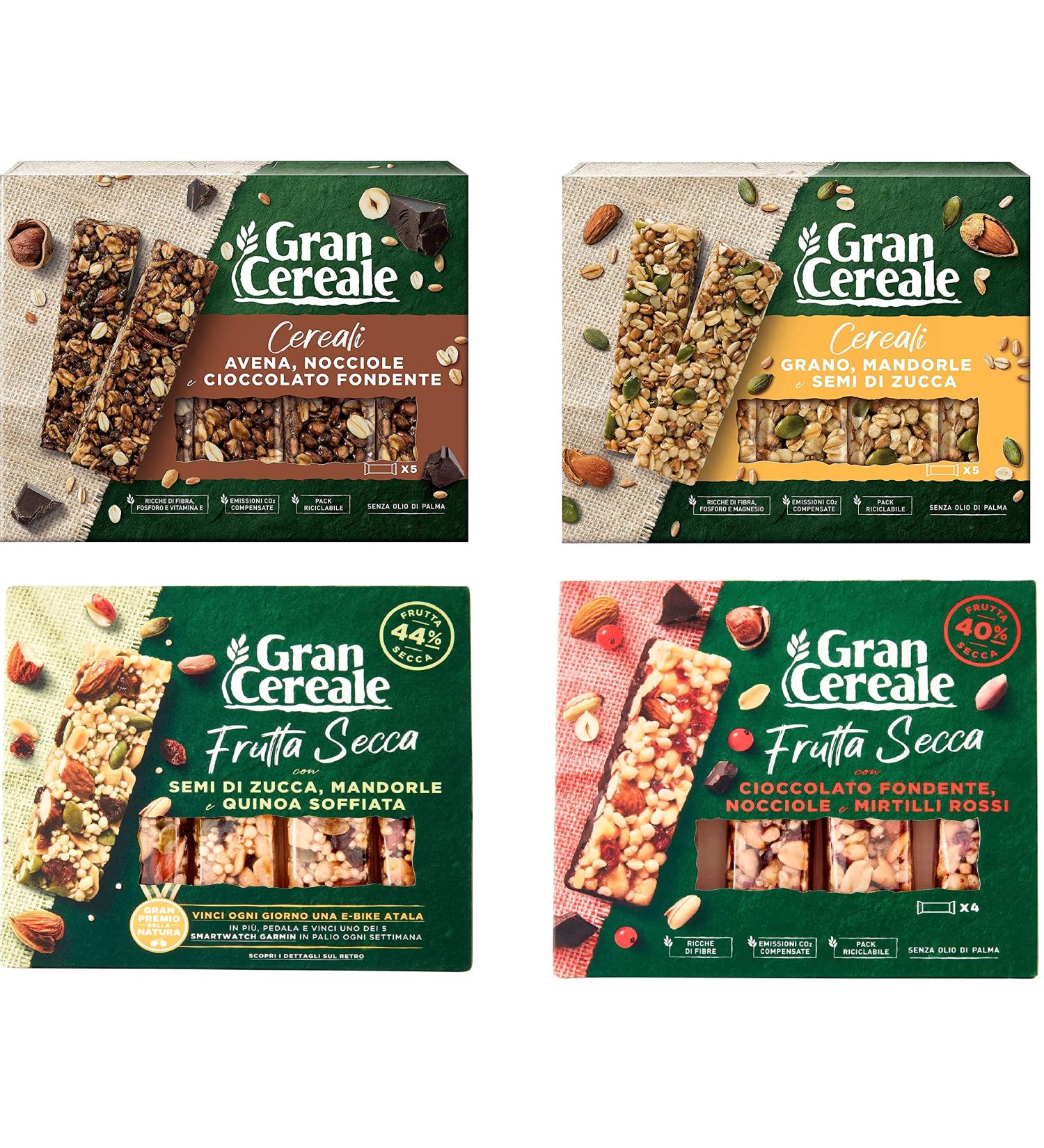 Trial pack Gran Cereale Snack Barrette di Frutta Secca Nut bar with cereal hazelnut and chocolate 2 x 120 g 2 x 135 g - Buy Online on GoSupps.com