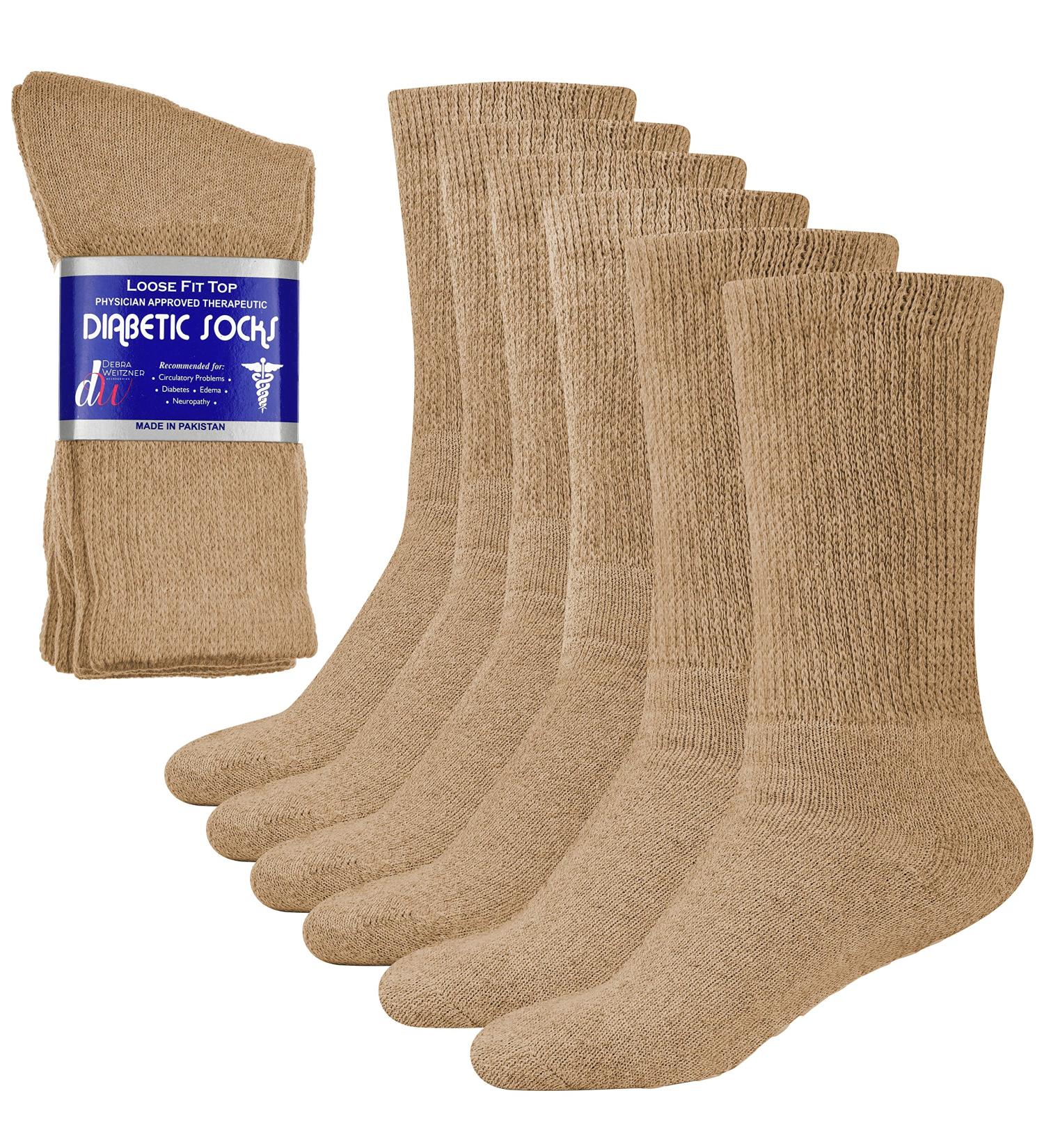 Diabetic Cotton Crew Socks 6 Pairs 10-13 Beige | Men's Women's Loose Fit Non-Binding - Buy Online on GoSupps.com