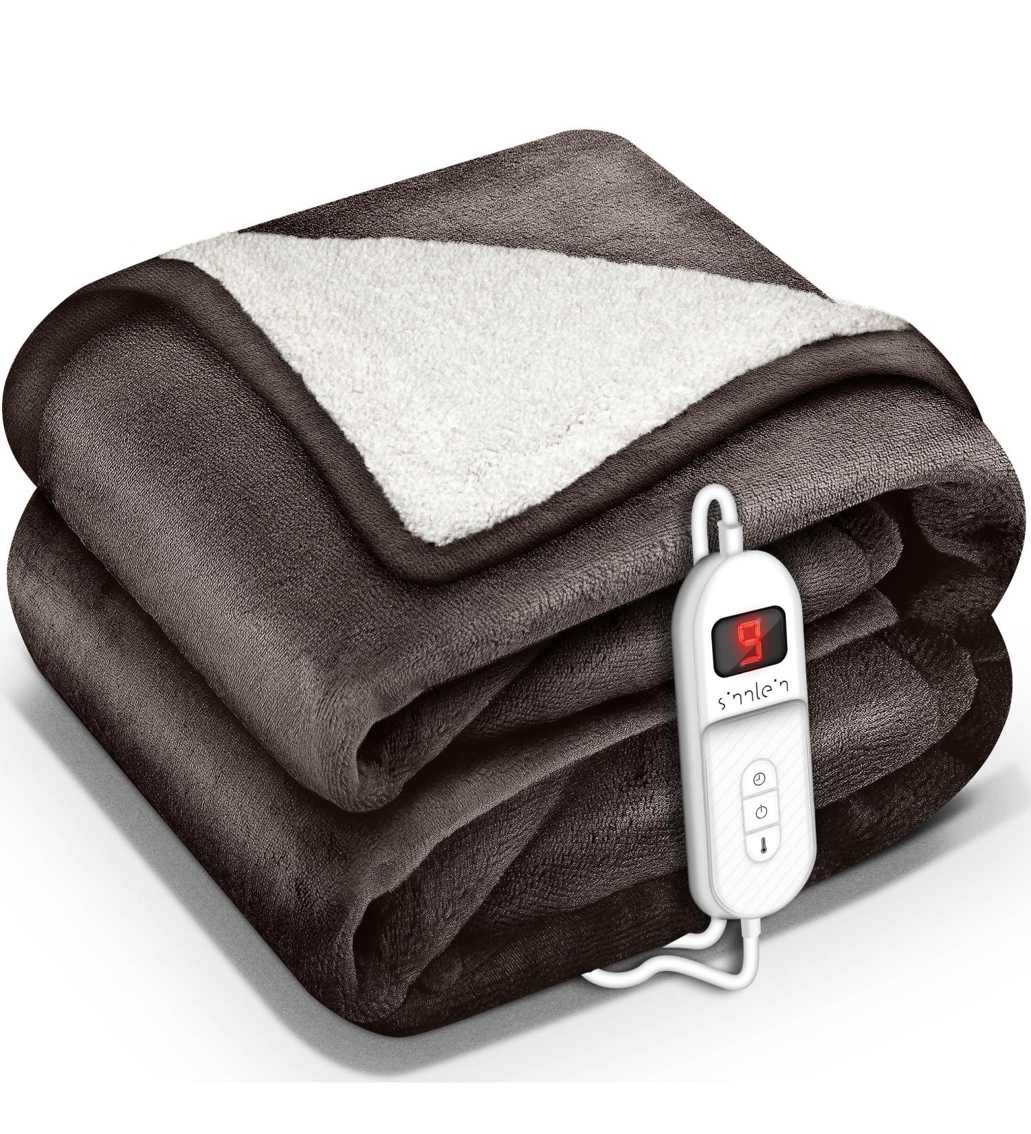 Sinnlein Electric Heating Ceiling Blanket 200x180cm - T V S d GS Checked with 9 Temperature Settings | Cozy Thermal Blanket for Bed & Sofa | Automatic Switch-Off & Timer Display in Light Brown - Buy Online on GoSupps.com