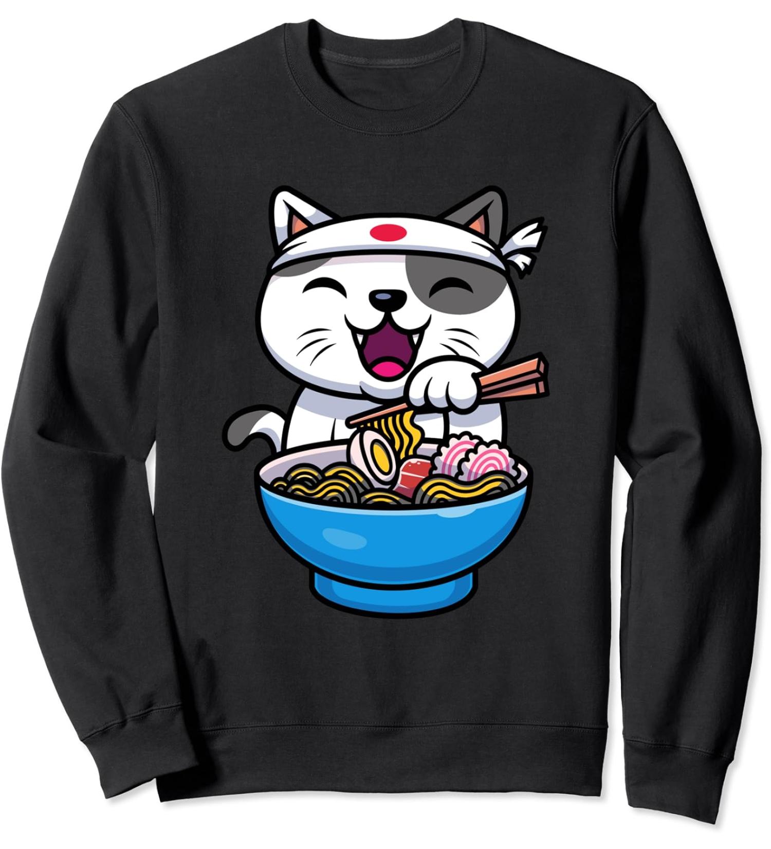 Kawaii Anime Cat Eating Ramen Noodles Japanese Sweatshirt