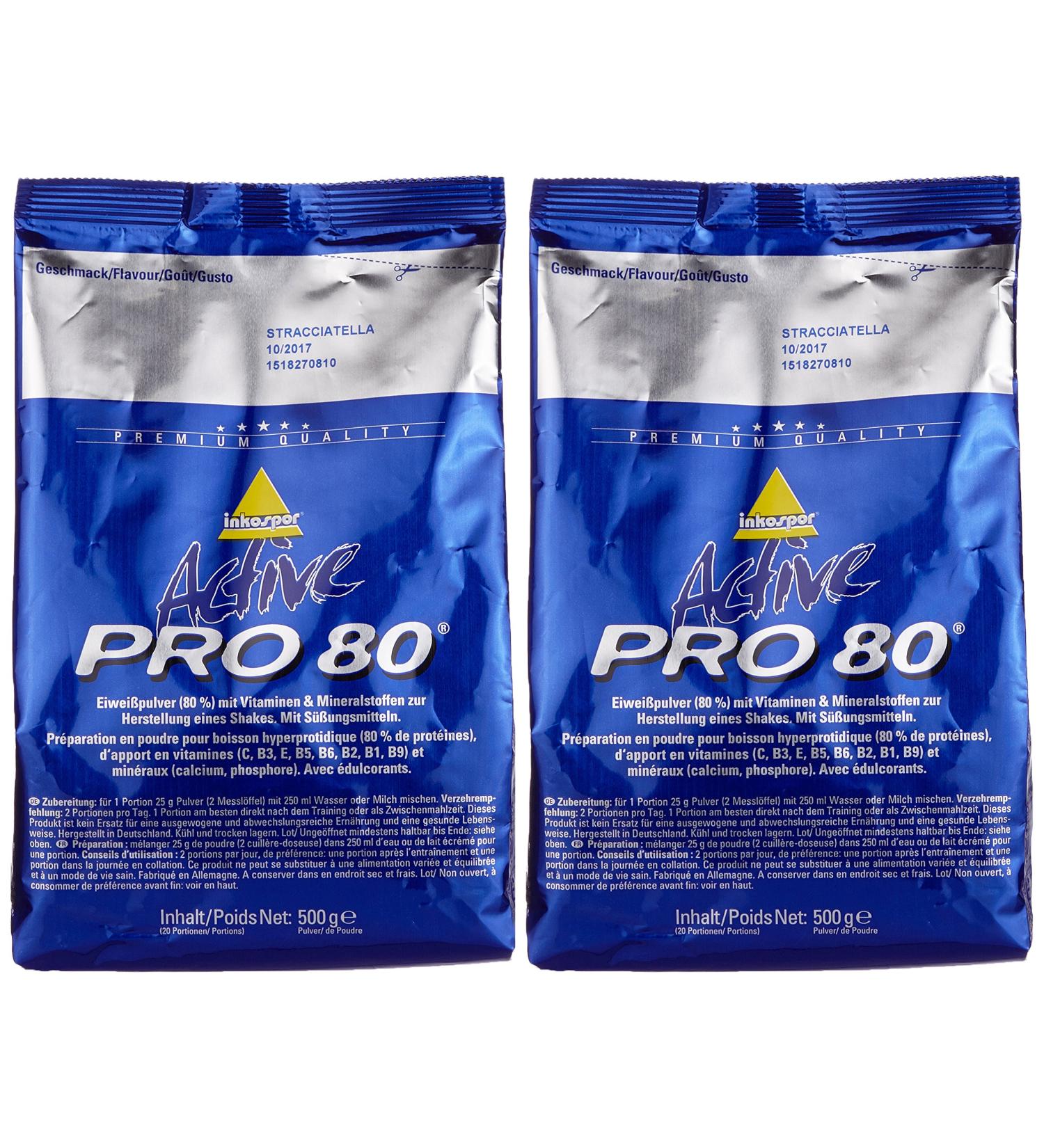 Inkospor Active Proteinshake Pro 80 Bags Double Pack (2 x 500g) Stracciatella - High-Quality Protein for Muscle Gain & Recovery | International Shipping Available - Buy Online on GoSupps.com