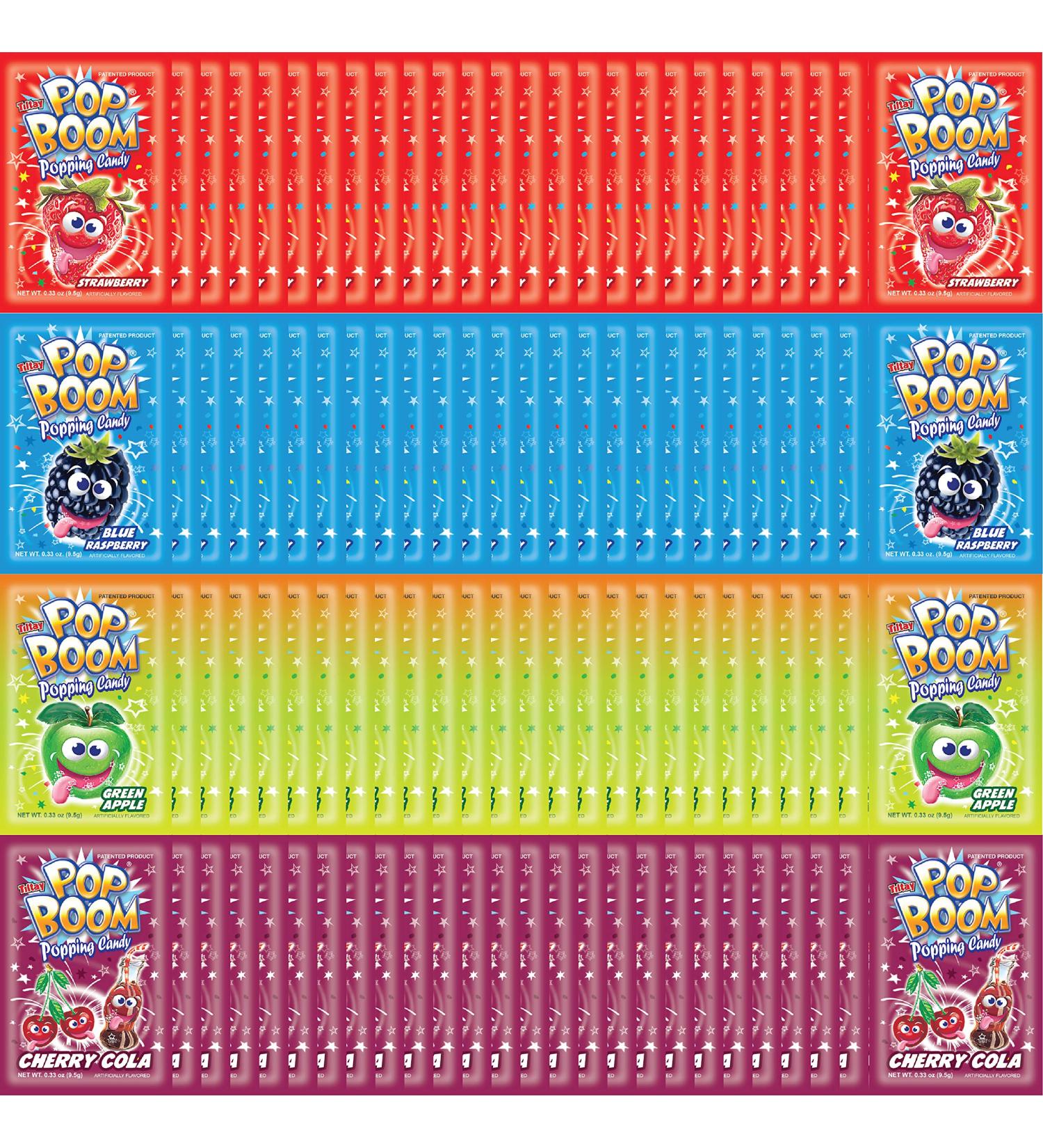 Tiltay Pop Boom Popping Candy - 4 Flavor Assortment (120-Pack) - Strawberry, Cherry Cola, Green Apple, Blue Raspberry - Buy Online on GoSupps.com