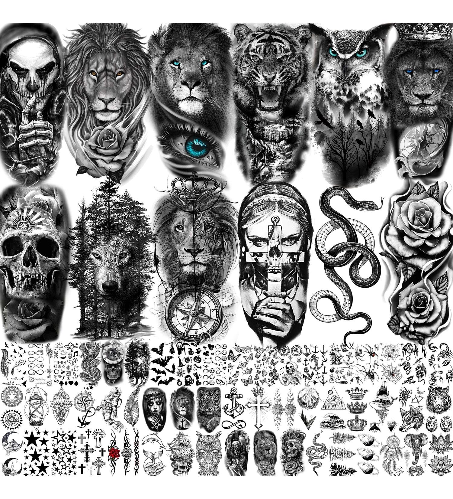 65 Sheets FANRUI Black Tiger Lion Temporary Tattoos | Waterproof Arm Sleeve Tattoo Stickers for Men and Women | Snake Wolf Rose Flower Compass Designs | 3D Skull Owl Fake Tattoos - Long Lasting and Realistic Look - Buy Online on GoSupps.com