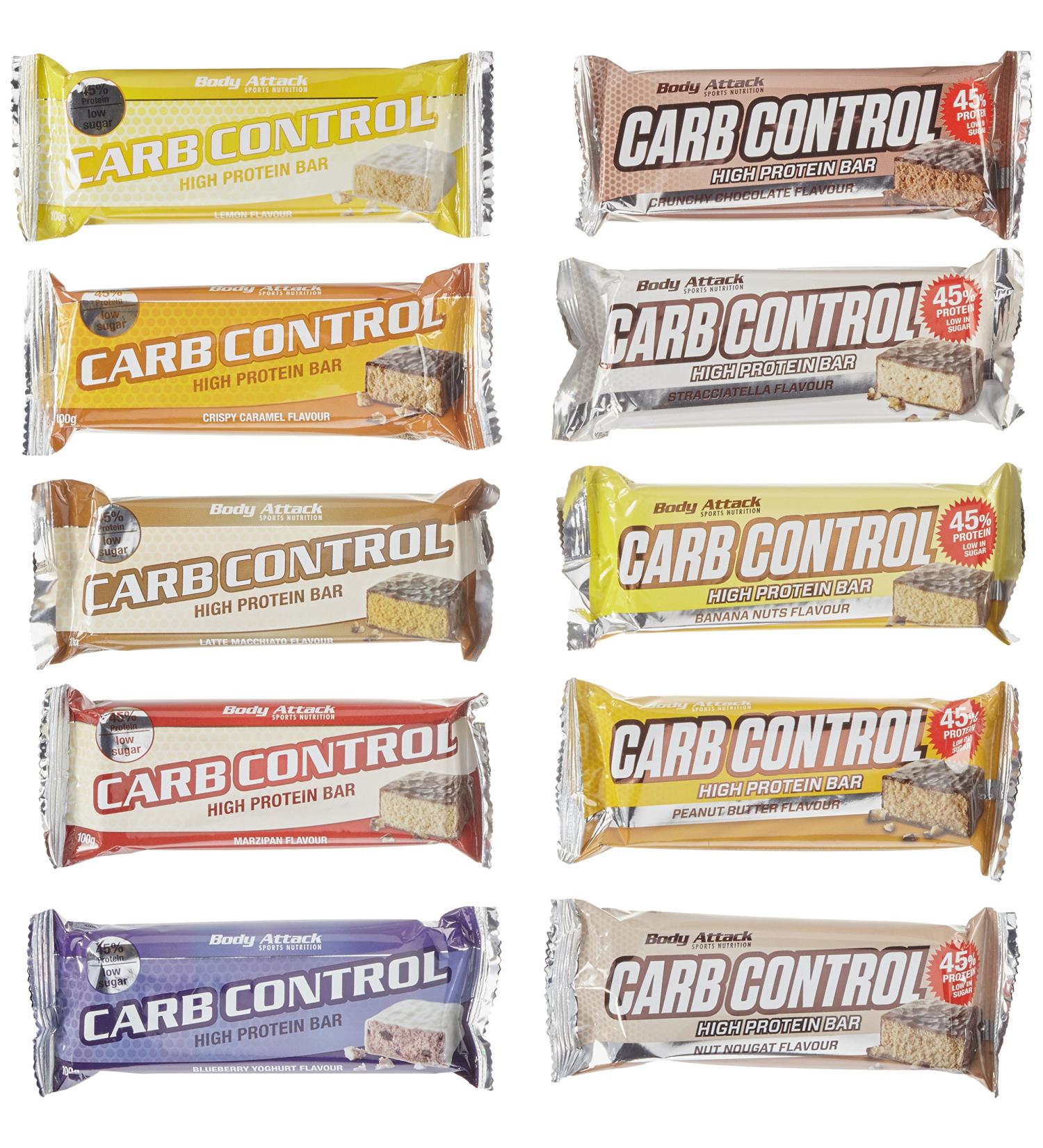 Body Attack Carb Control Mix Box - 10 Protein Bars | Low Sugar High Protein (45%) | No Added Sugar Whey Protein | Made in Germany - Buy Online on GoSupps.com