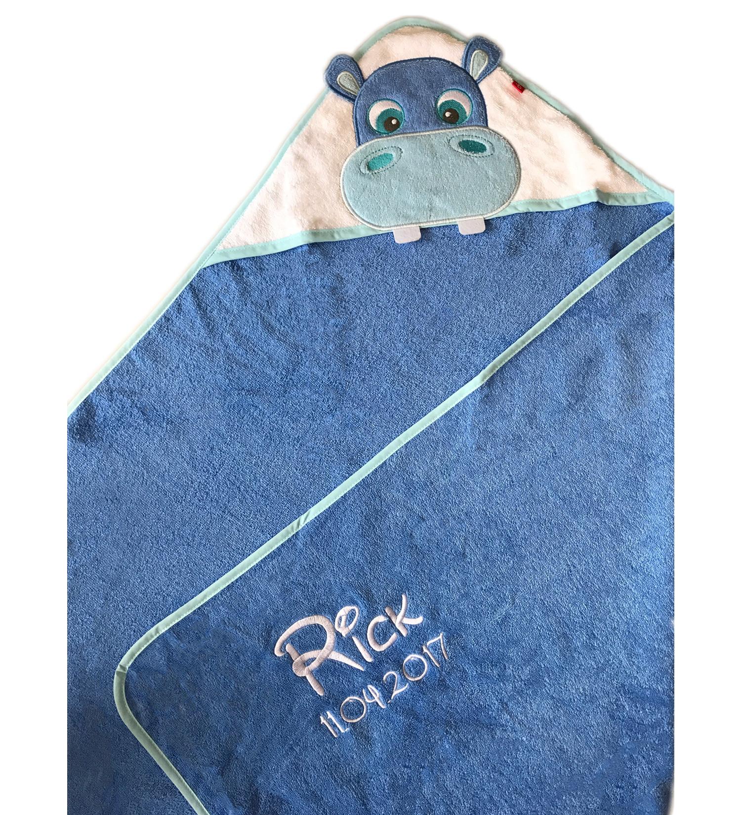 Kiddi Personalized Hooded Towel - Embroidered with Name & Date of Birth - 100x100 cm Blue Hippo - Cozy Soft 100% Cotton - 1A Quality for Kids - Buy Online on GoSupps.com