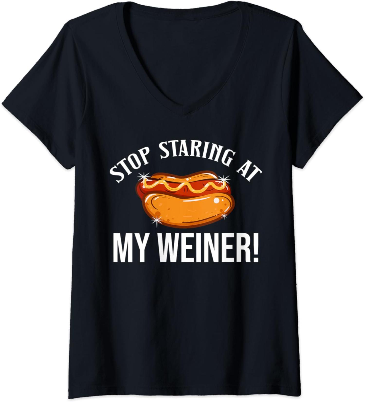 Womens Stop Staring At My Weiner Hotdog Bun Ketchup Mustard Mayo V-Neck T-Shirt