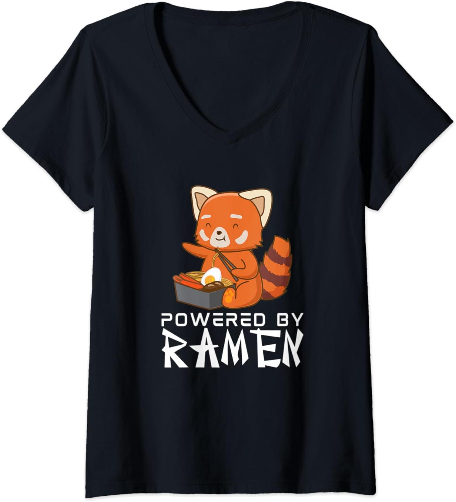 Womens Powered By Ramen Red Panda Japanese Food Noodles Soba V-Neck T-Shirt