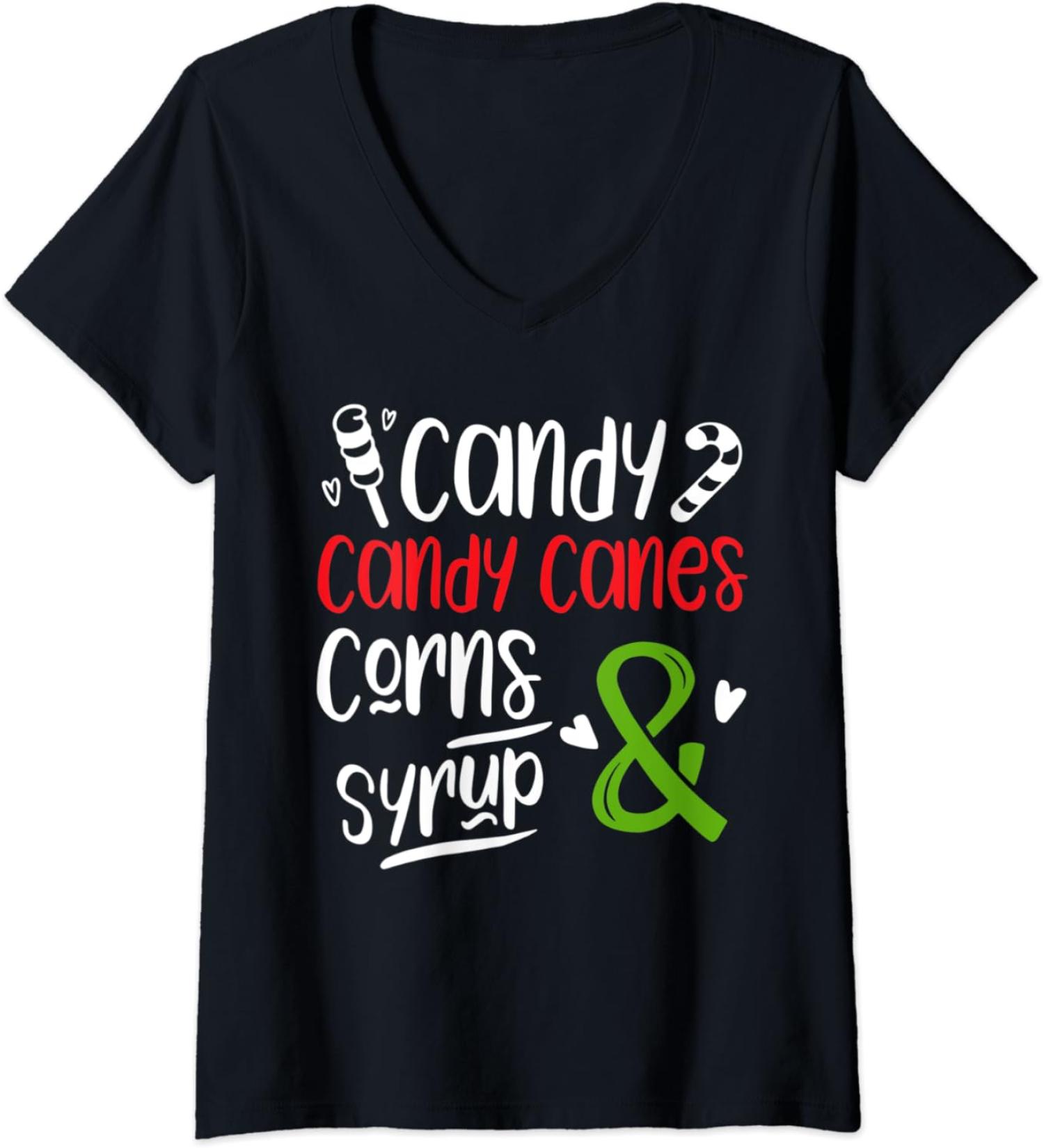 Womens Elf Food Group Candy Candy Canes Corn & Syrup Christmas V-Neck T-Shirt