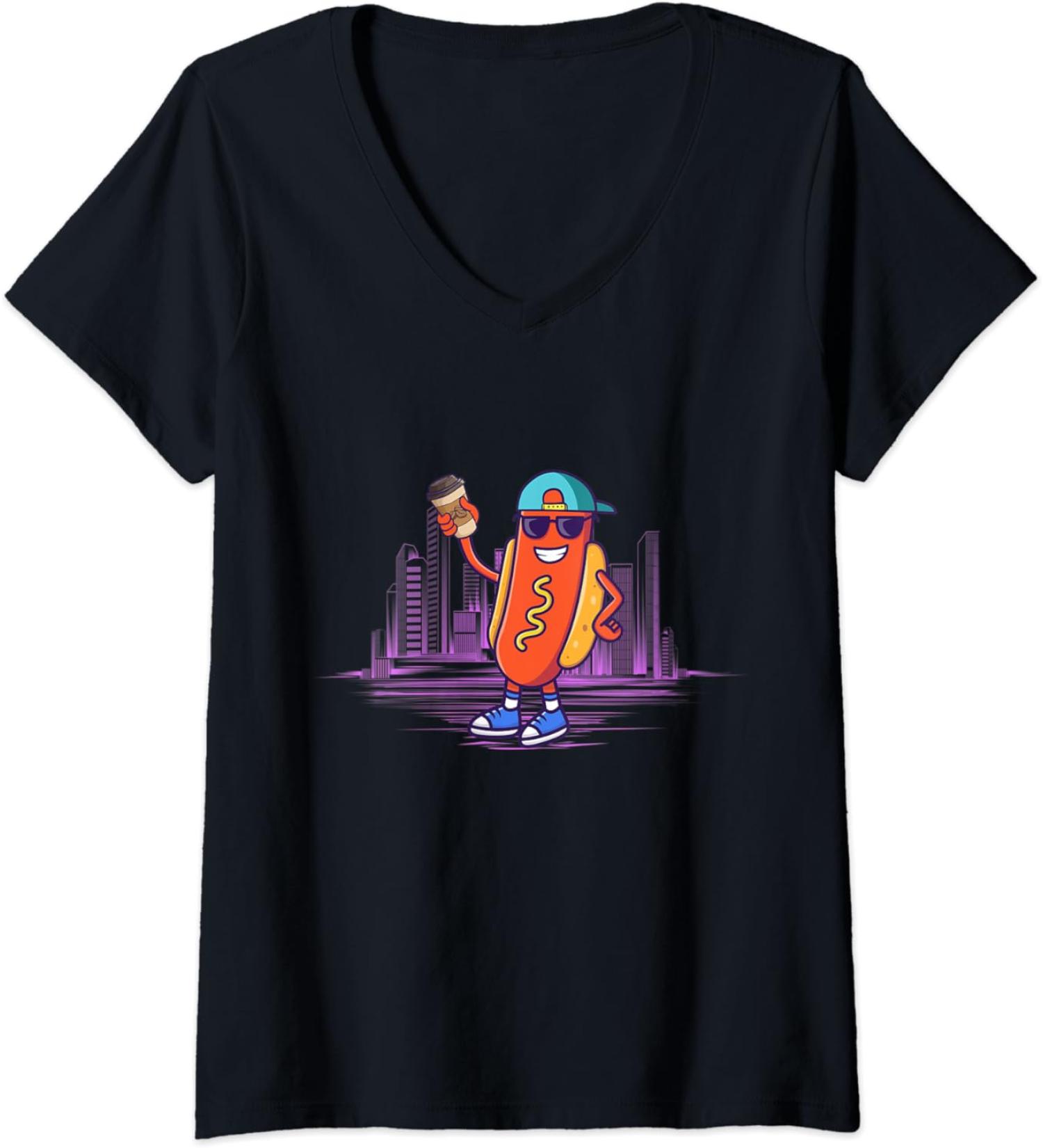 Womens Coffee Bean Cafe Caffeine Hotdog Bun Ketchup Mustard Mayo V-Neck T-Shirt