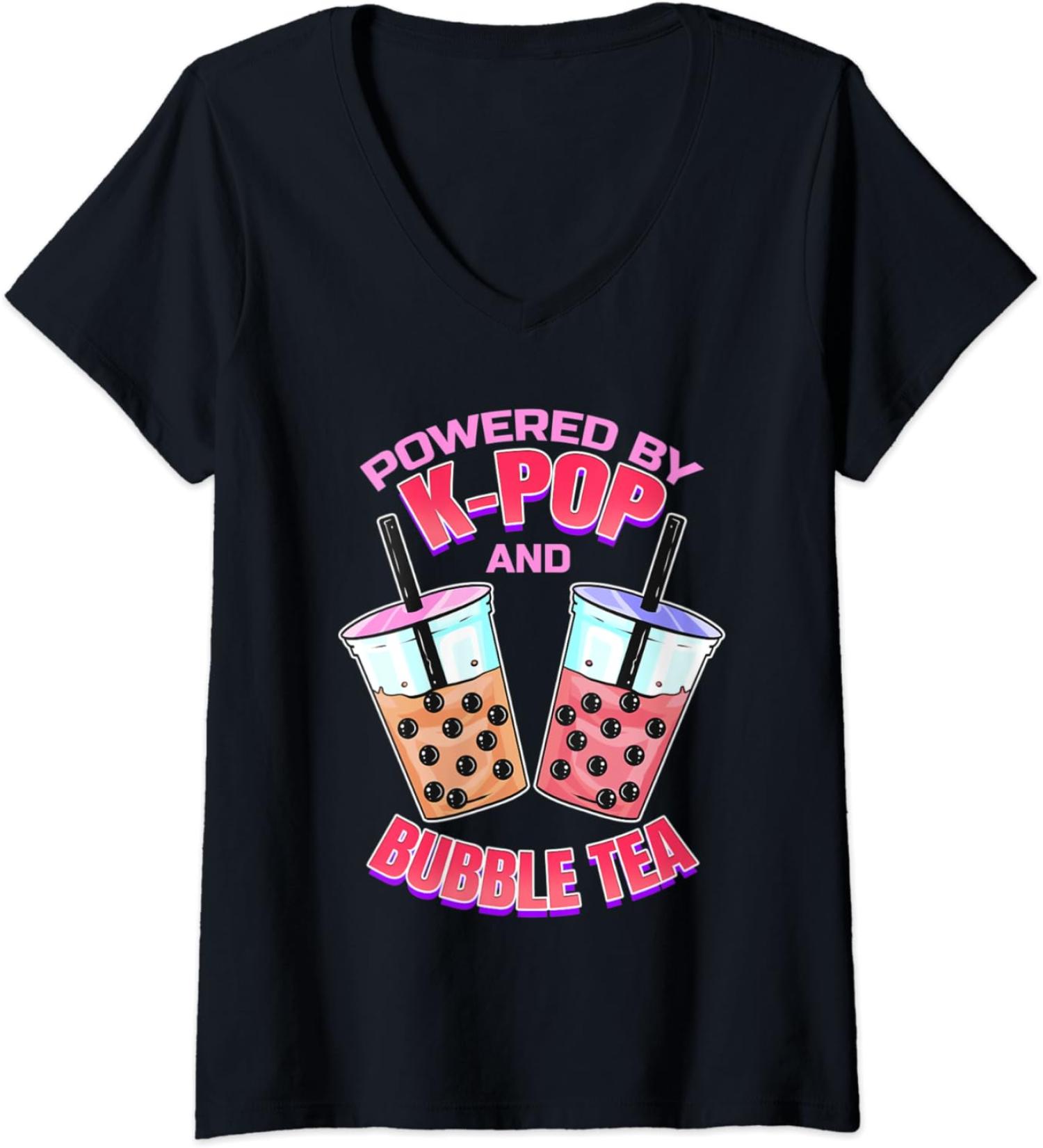 Womens Bubble Tea Boba K-POP Music Lover Korean Milk Anime V-Neck T-Shirt