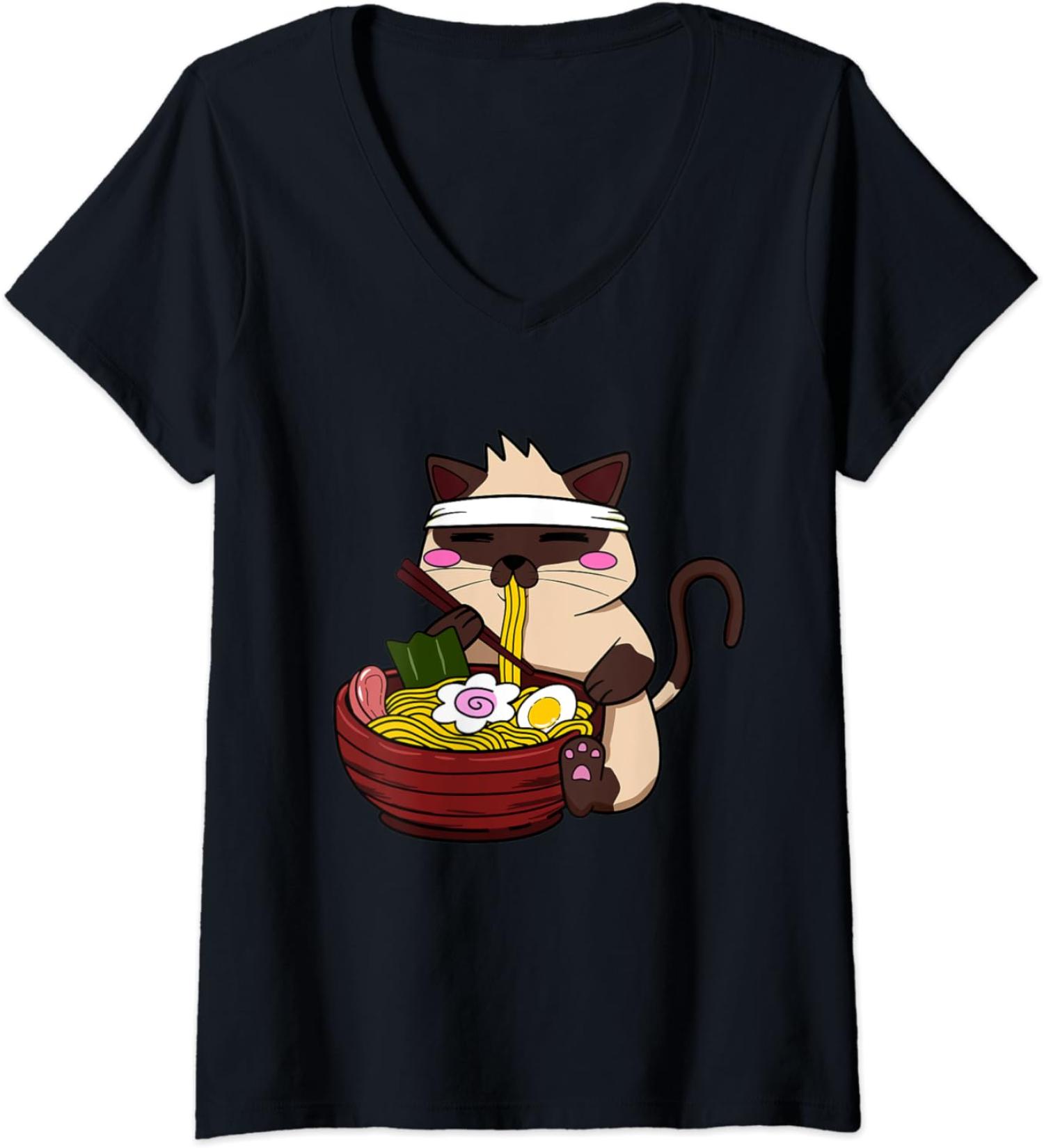 Womens Anime Siamese Ramen Japanese Ramen Life Noodle V-Neck T-Shirt