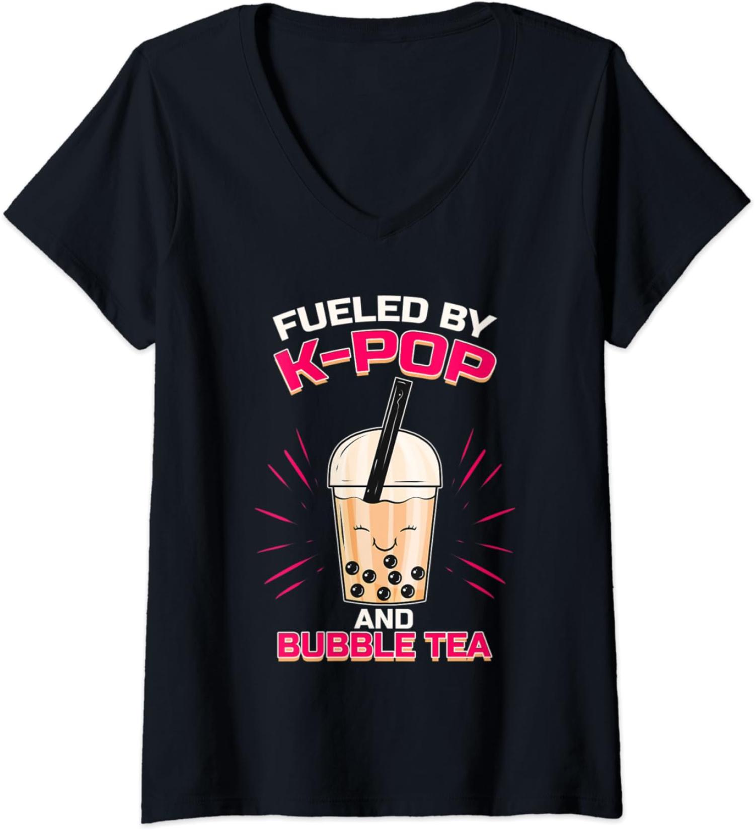 Womens Bubble Tea Boba K-POP Music Lover Korean Milk Anime V-Neck T-Shirt